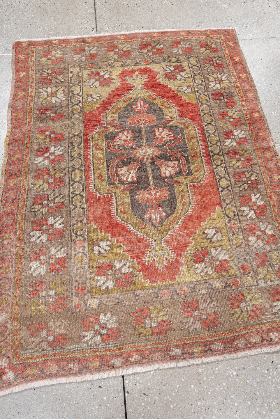 3' x 4' one-of-a-kind handmade antique Anatolian small size rug. Color palette: taupe, rust, ivory, camel, gold, charcoal