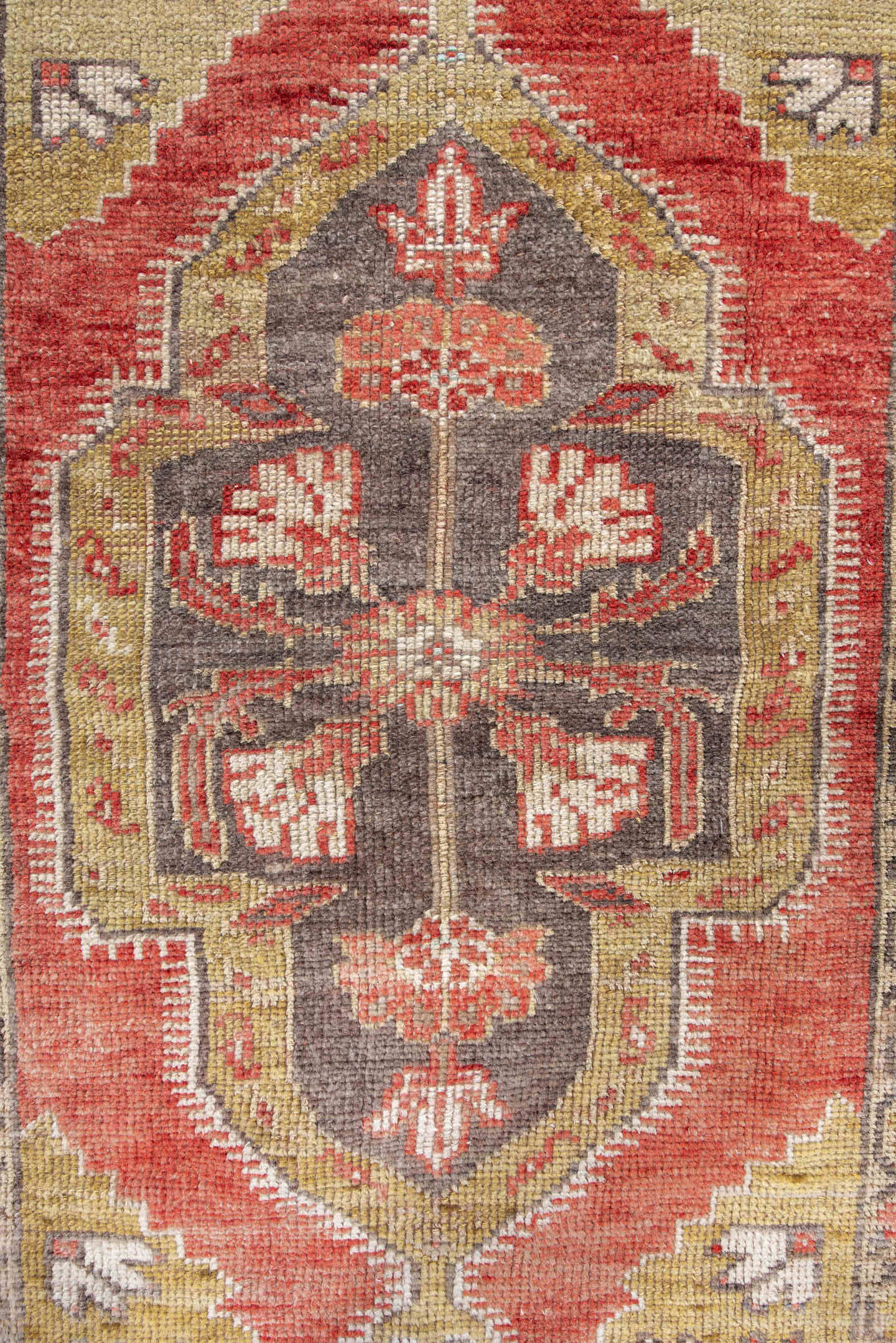3' x 4' one-of-a-kind handmade antique Anatolian small size rug. Color palette: taupe, rust, ivory, camel, gold, charcoal