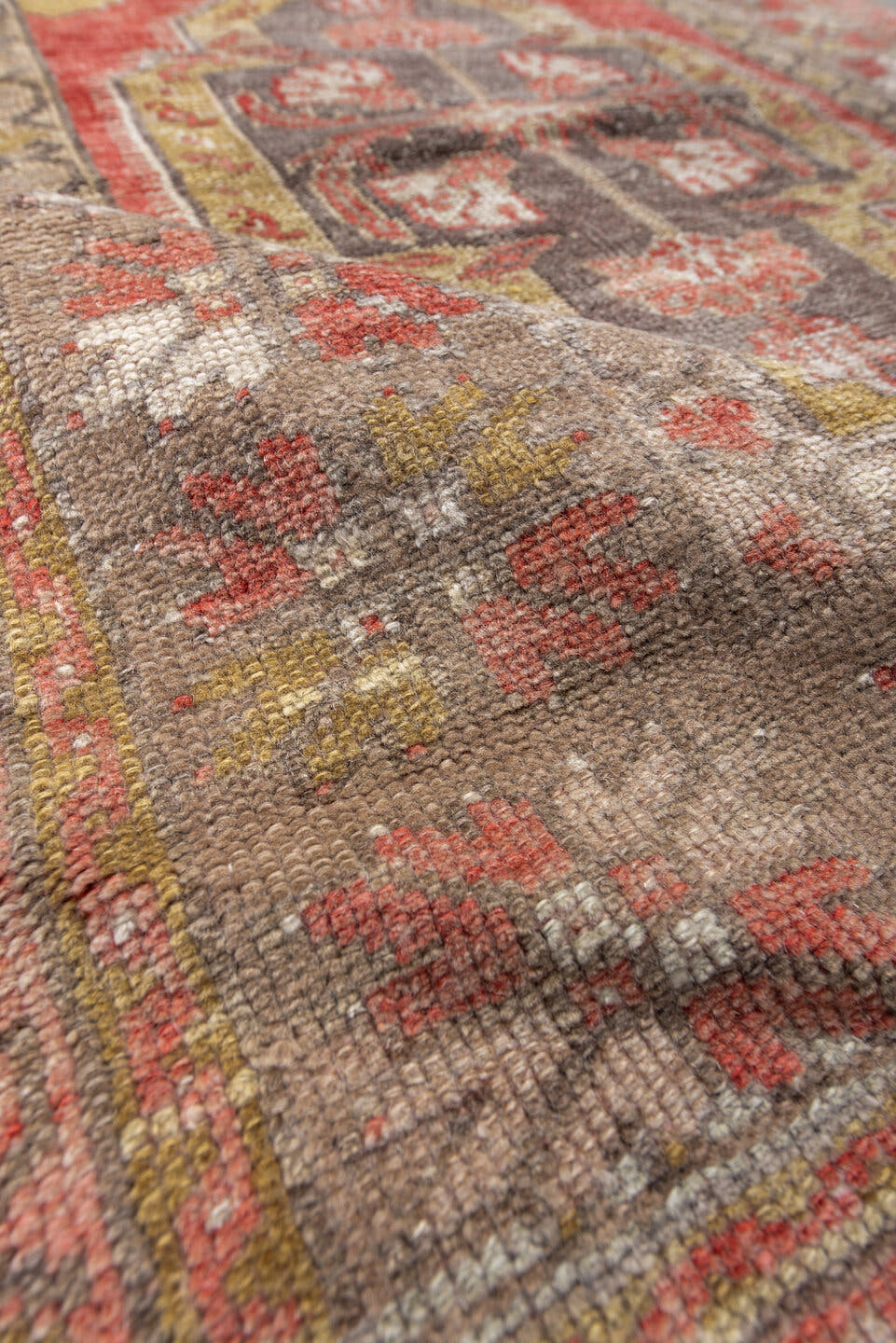 3' x 4' one-of-a-kind handmade antique Anatolian small size rug. Color palette: taupe, rust, ivory, camel, gold, charcoal