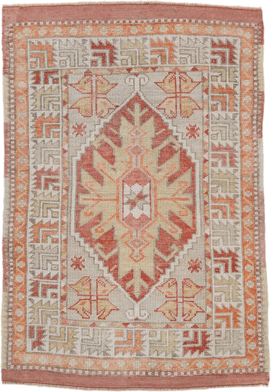 2' x 4' one-of-a-kind handmade vintage Anatolian small size rug. Color palette: ivory, coral, peach, taupe, sand, rust