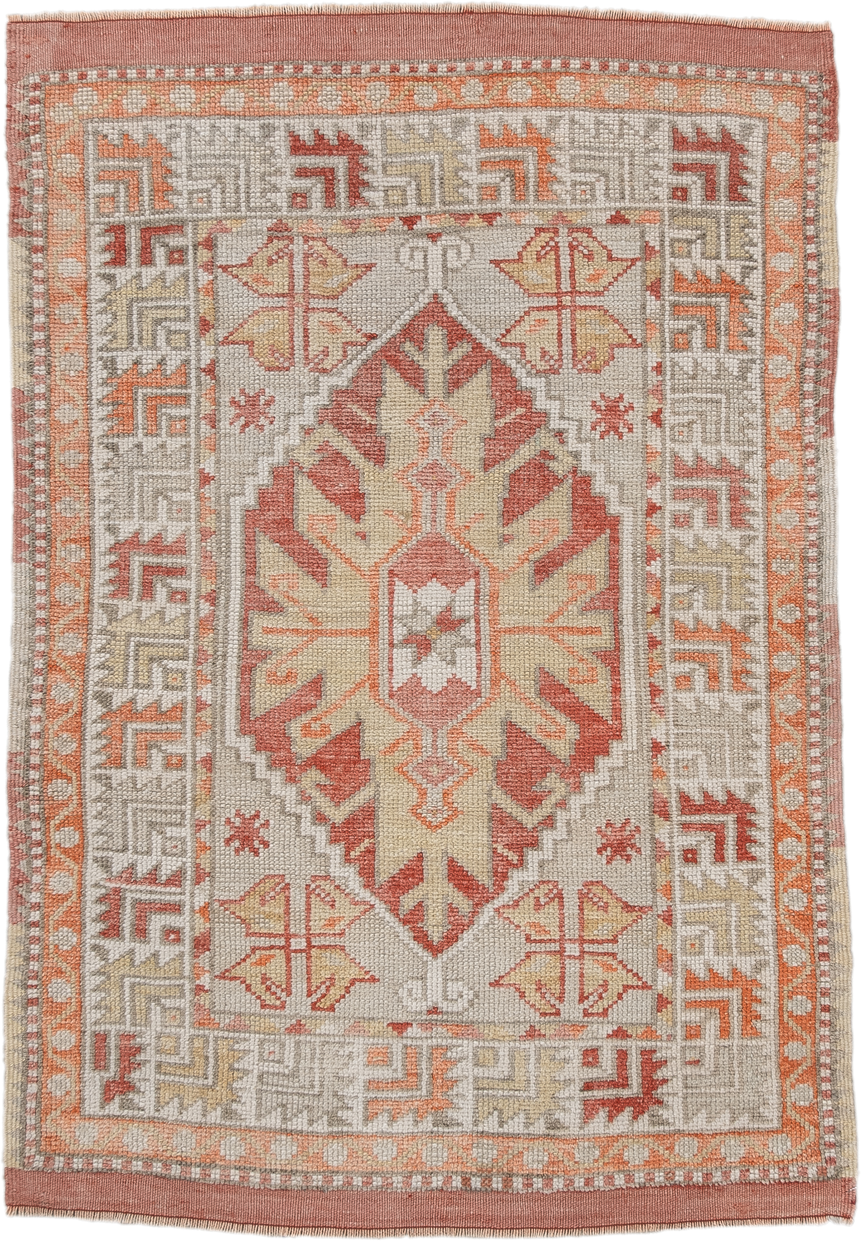 2' x 4' one-of-a-kind handmade vintage Anatolian small size rug. Color palette: ivory, coral, peach, taupe, sand, rust
