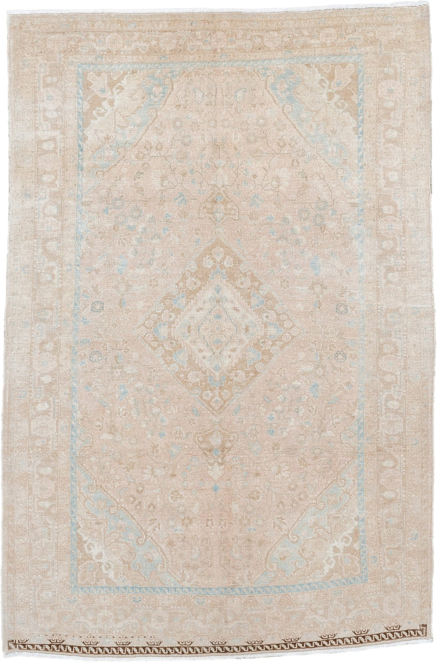 3' x 5' one-of-a-kind handmade antique Sarouk small size rug. Color palette: beige, blush, ivory, pale blue, taupe, camel