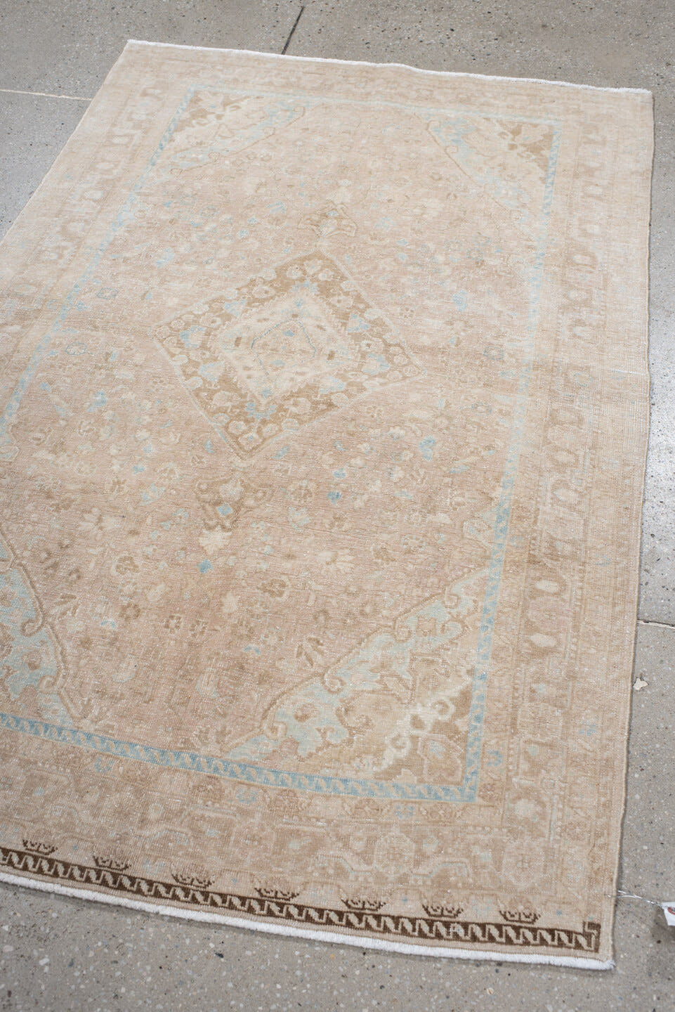 3' x 5' one-of-a-kind handmade antique Sarouk small size rug. Color palette: beige, blush, ivory, pale blue, taupe, camel