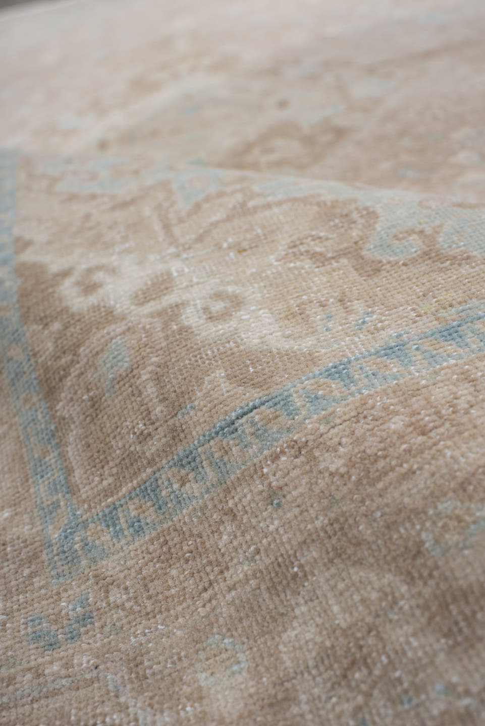 3' x 5' one-of-a-kind handmade antique Sarouk small size rug. Color palette: beige, blush, ivory, pale blue, taupe, camel