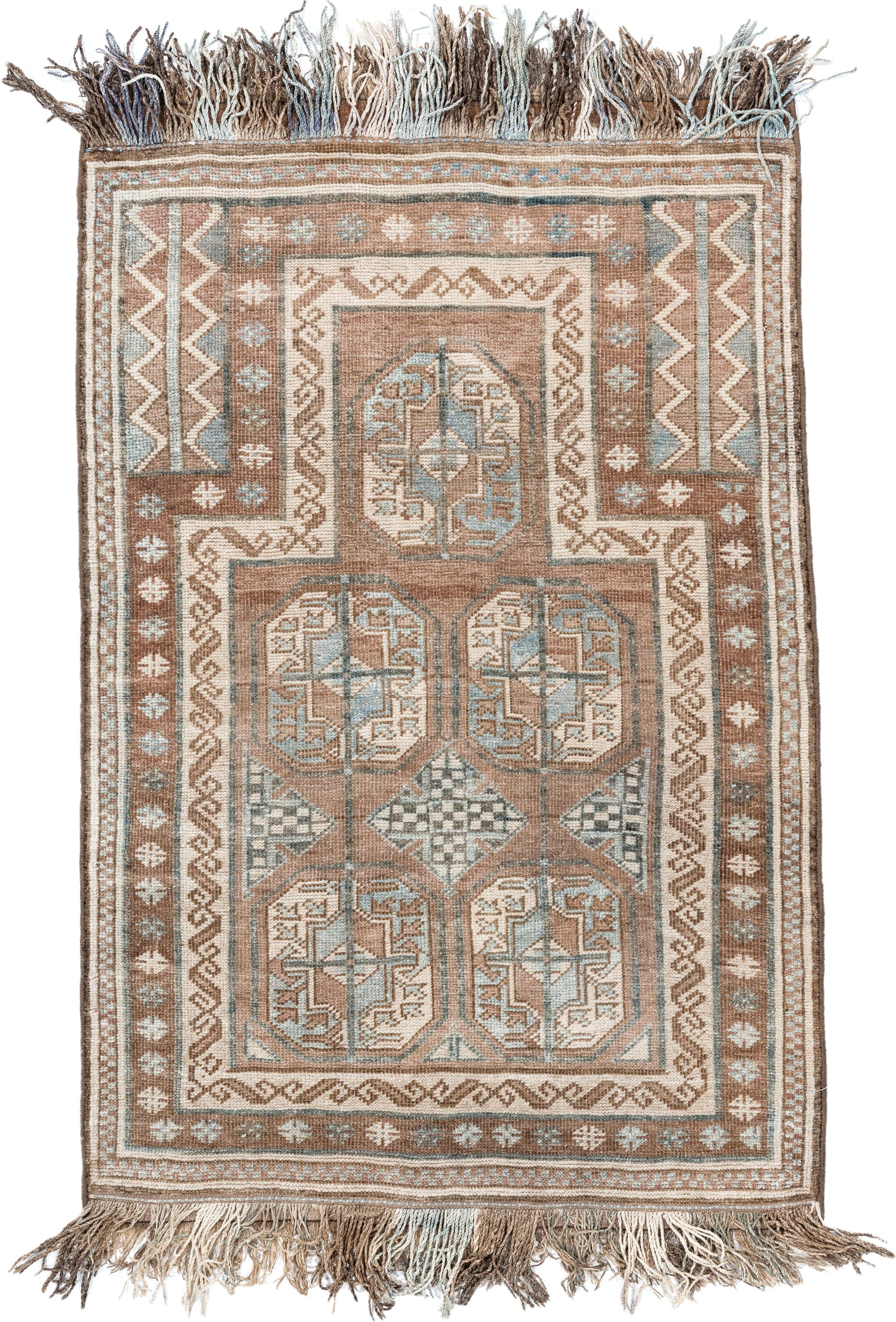 3' x 4' one-of-a-kind handmade vintage Belouch small size rug. Color palette: camel, ivory, pale blue, taupe, brown, beige