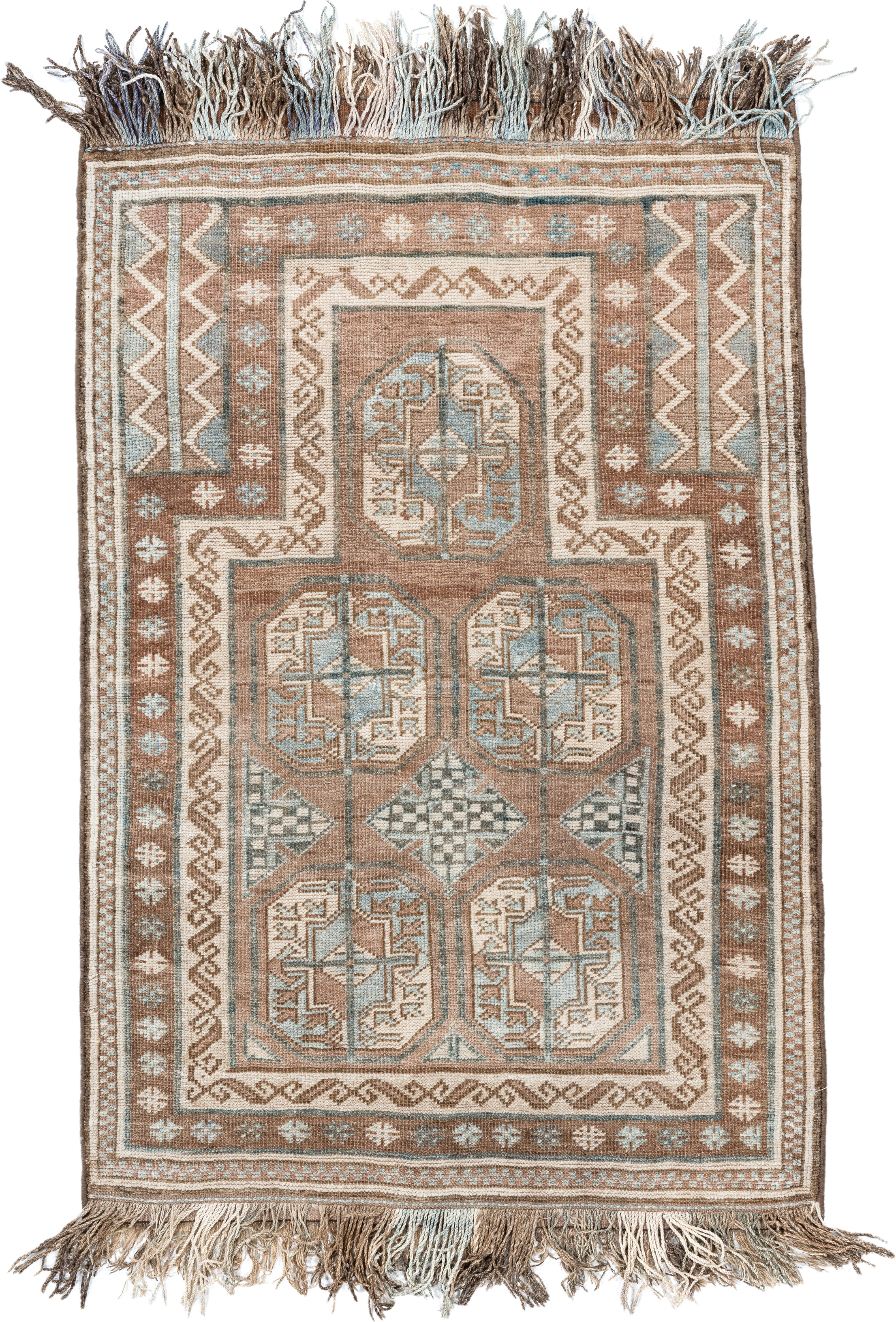 3' x 4' one-of-a-kind handmade vintage Belouch small size rug. Color palette: camel, ivory, pale blue, taupe, brown, beige