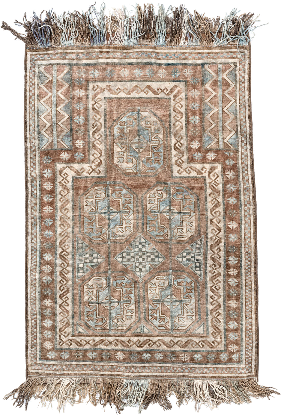 3' x 4' one-of-a-kind handmade vintage Belouch small size rug. Color palette: camel, ivory, pale blue, taupe, brown, beige