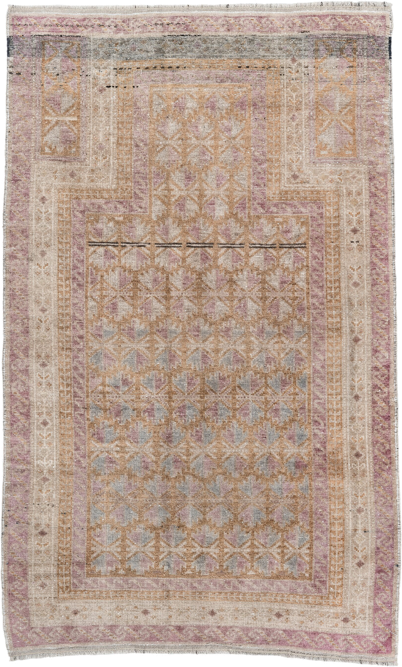 2' x 4' one-of-a-kind handmade vintage Belouch small size rug. Color palette: ivory, blush, camel, taupe, dusty rose