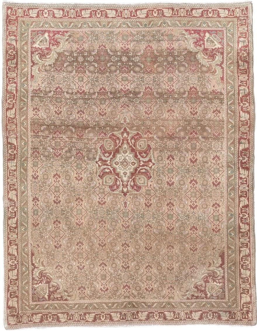 3' x 4' one-of-a-kind handmade antique Bidjar small size rug. Color palette: taupe, rose, ivory, sage, terra cotta, camel