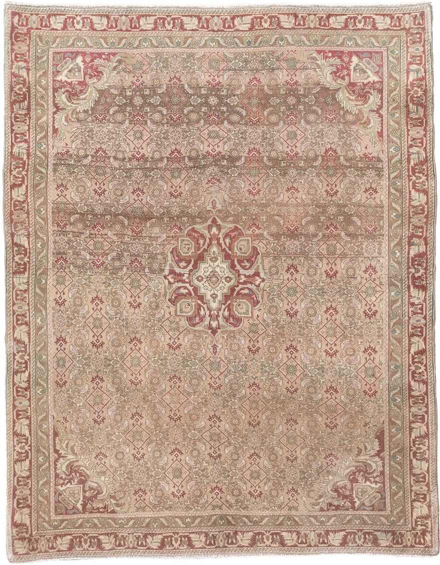 3' x 4' one-of-a-kind handmade antique Bidjar small size rug. Color palette: taupe, rose, ivory, sage, terra cotta, camel
