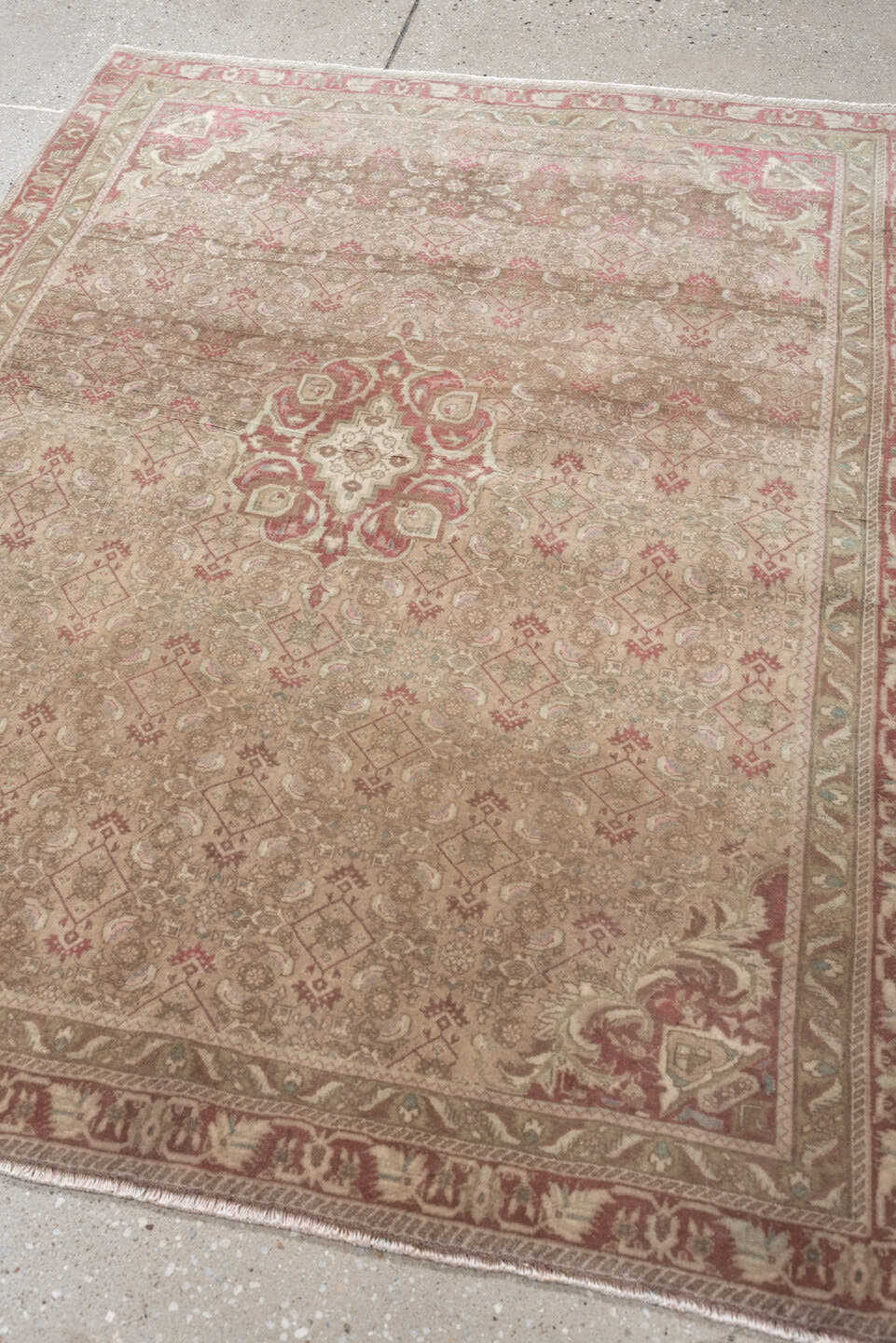 3' x 4' one-of-a-kind handmade antique Bidjar small size rug. Color palette: taupe, rose, ivory, sage, terra cotta, camel