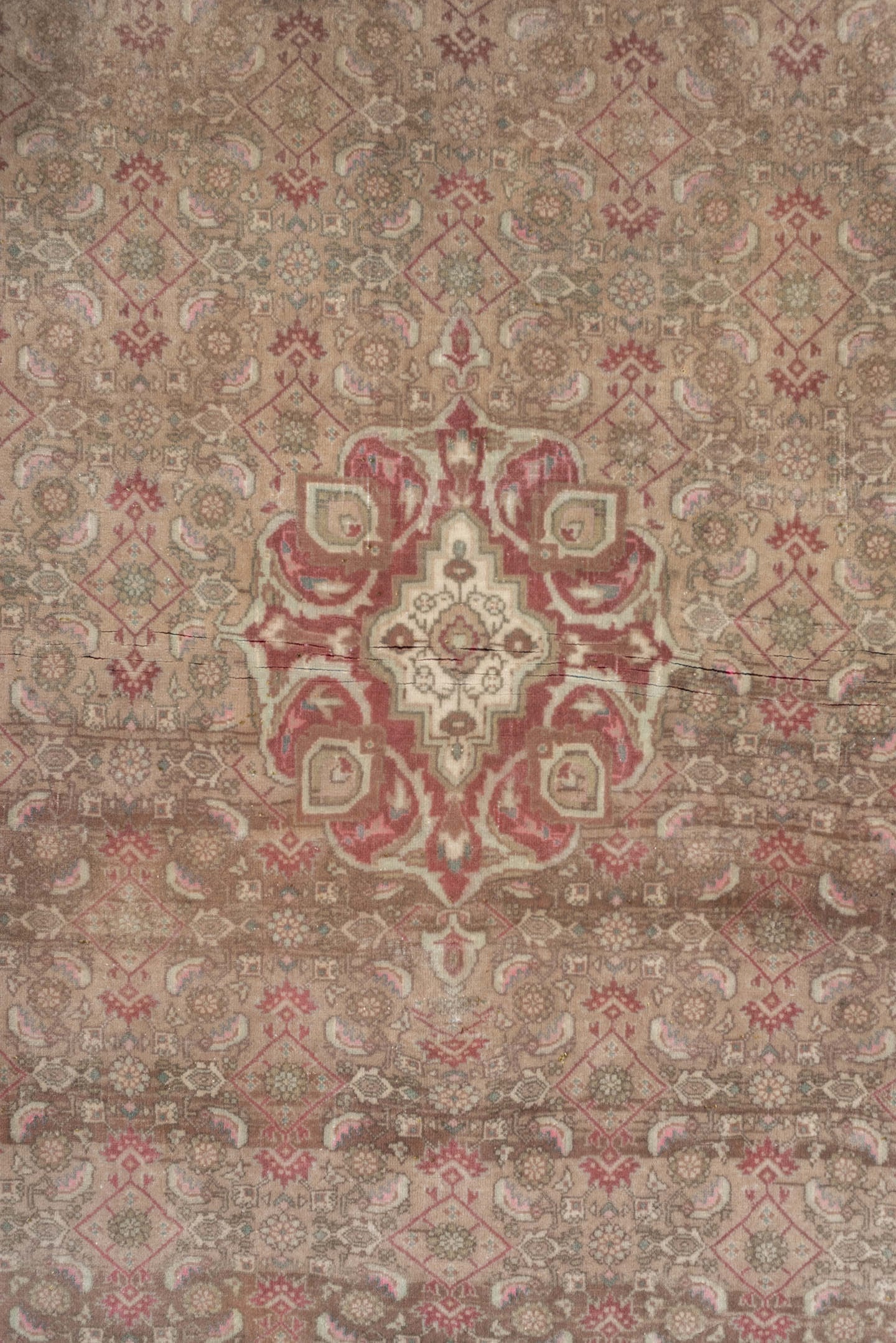 3' x 4' one-of-a-kind handmade antique Bidjar small size rug. Color palette: taupe, rose, ivory, sage, terra cotta, camel