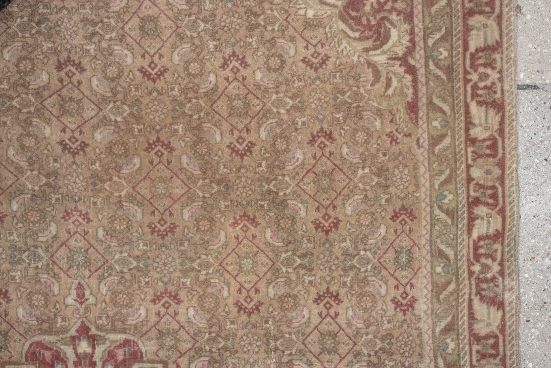 3' x 4' one-of-a-kind handmade antique Bidjar small size rug. Color palette: taupe, rose, ivory, sage, terra cotta, camel