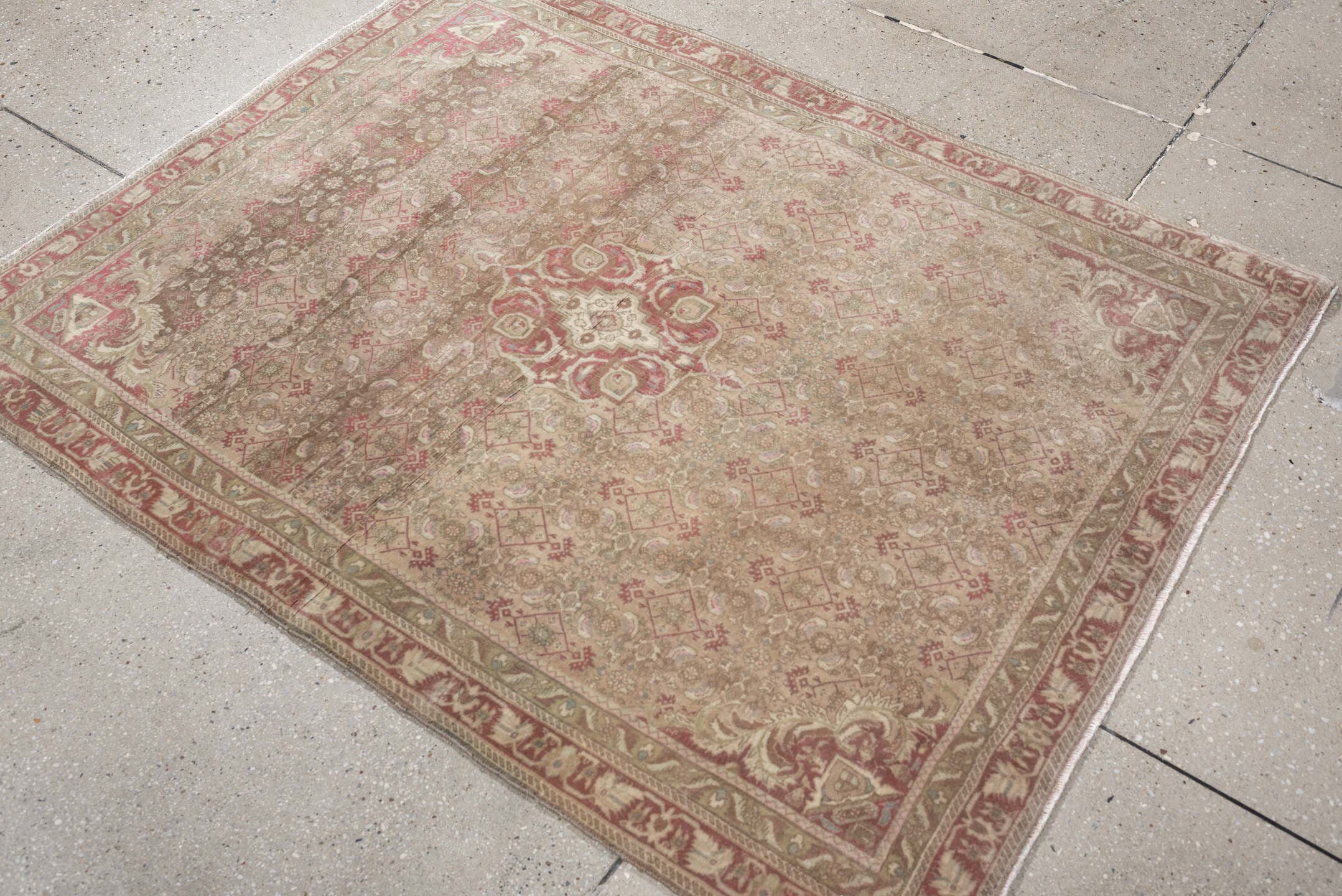 3' x 4' one-of-a-kind handmade antique Bidjar small size rug. Color palette: taupe, rose, ivory, sage, terra cotta, camel