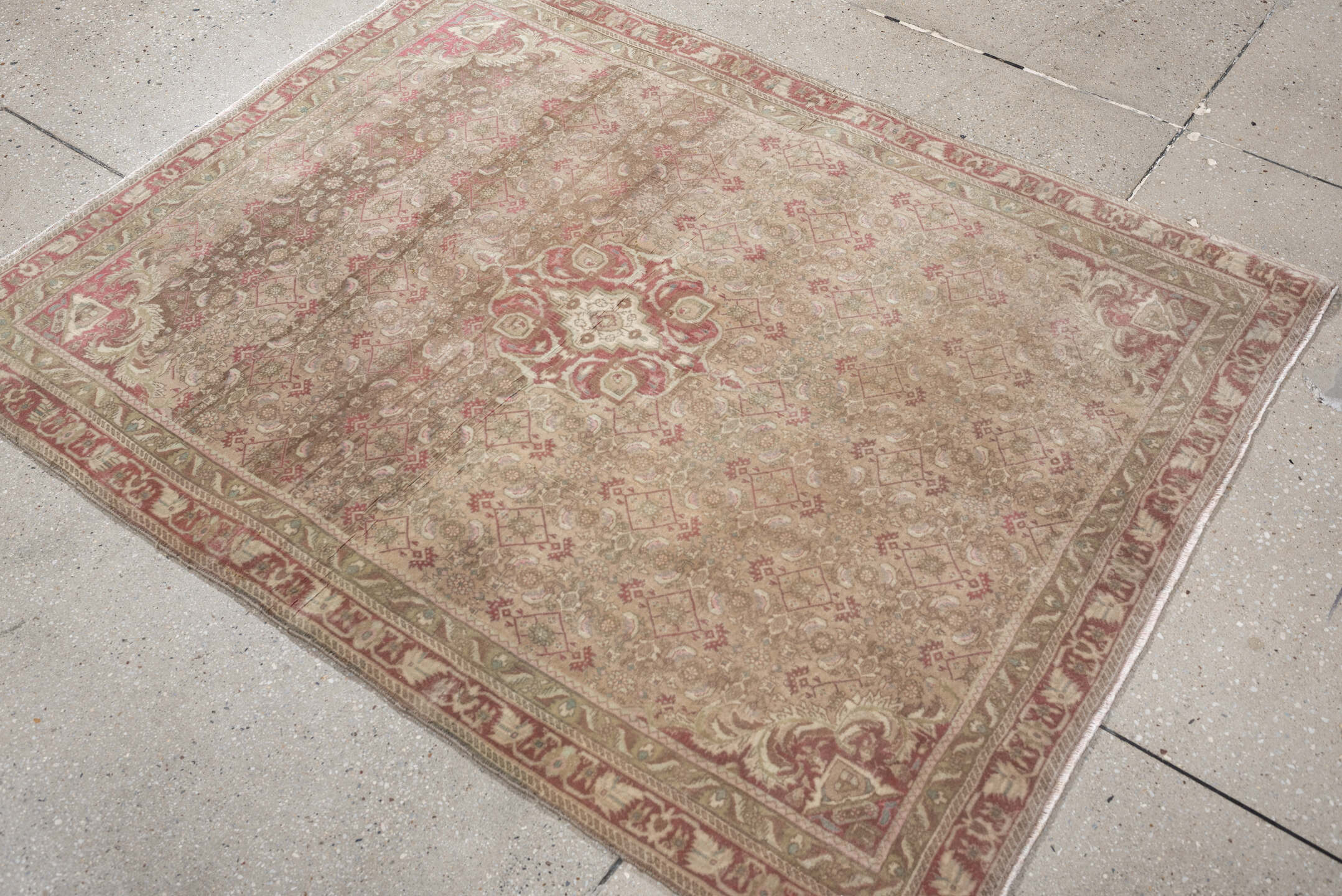 3' x 4' one-of-a-kind handmade antique Bidjar small size rug. Color palette: taupe, rose, ivory, sage, terra cotta, camel