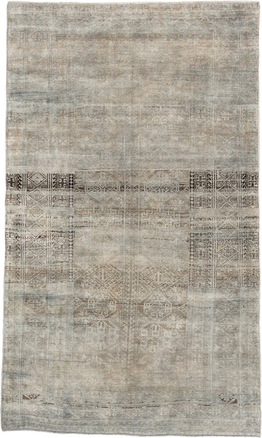 4' x 6' one-of-a-kind handmade antique Belouch small size rug. Color palette: ivory, taupe, beige, brown, greige, charcoal