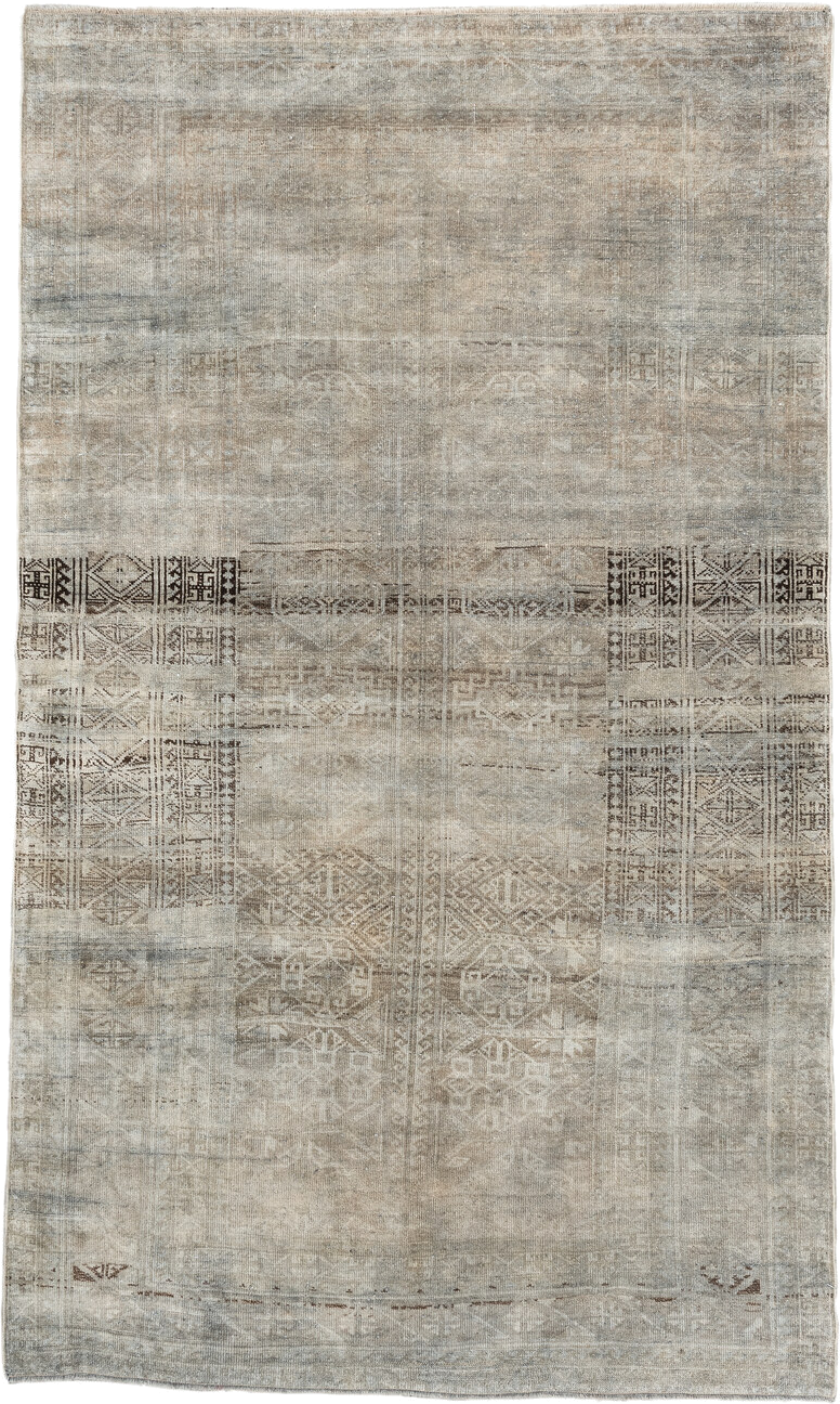 4' x 6' one-of-a-kind handmade antique Belouch small size rug. Color palette: ivory, taupe, beige, brown, greige, charcoal