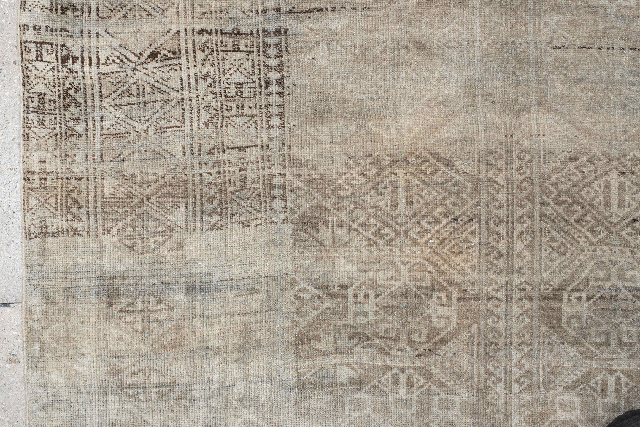 4' x 6' one-of-a-kind handmade antique Belouch small size rug. Color palette: ivory, taupe, beige, brown, greige, charcoal