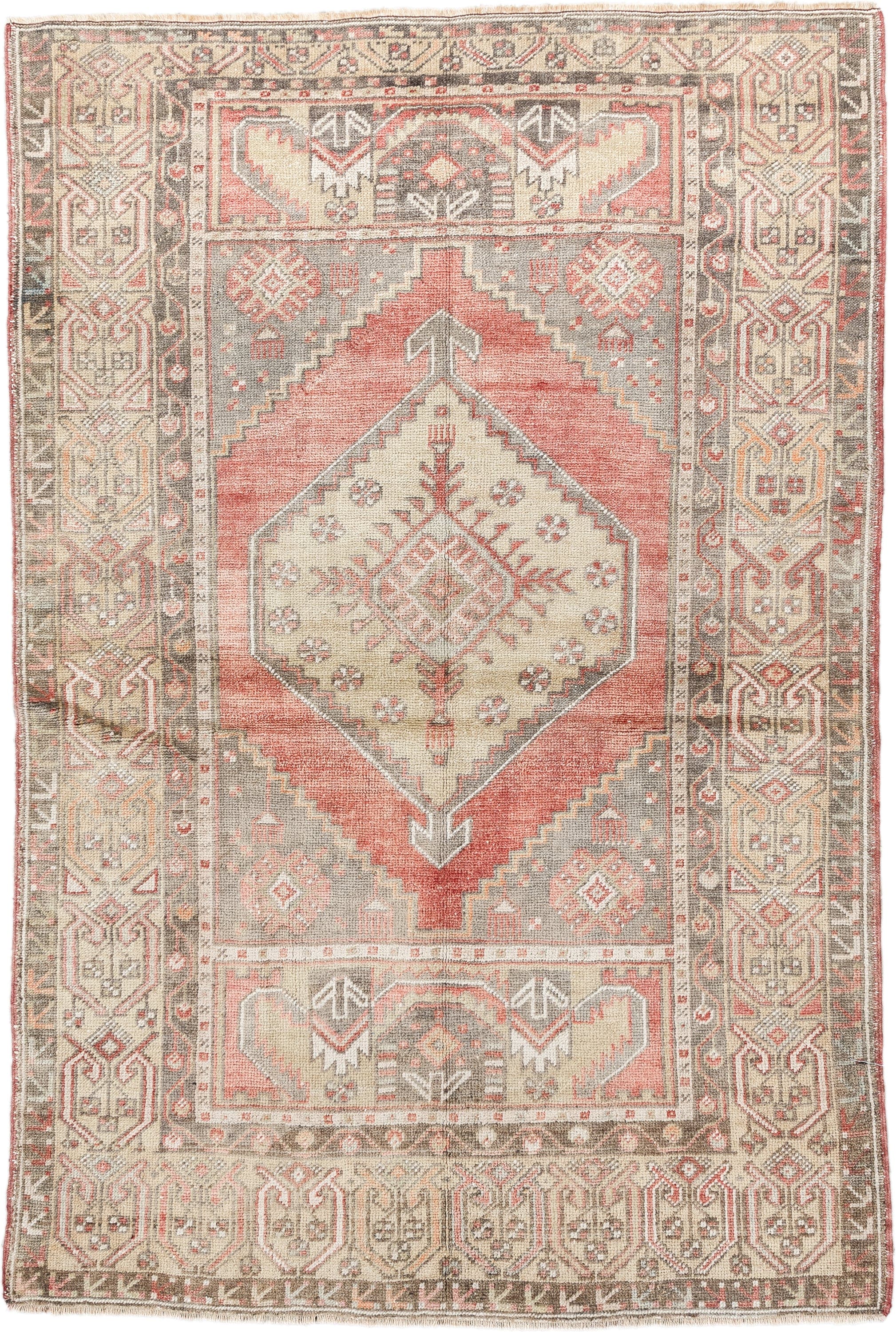 3' x 5' one-of-a-kind handmade vintage Anatolian small size rug. Color palette: taupe, coral, ivory, rose, gray, camel