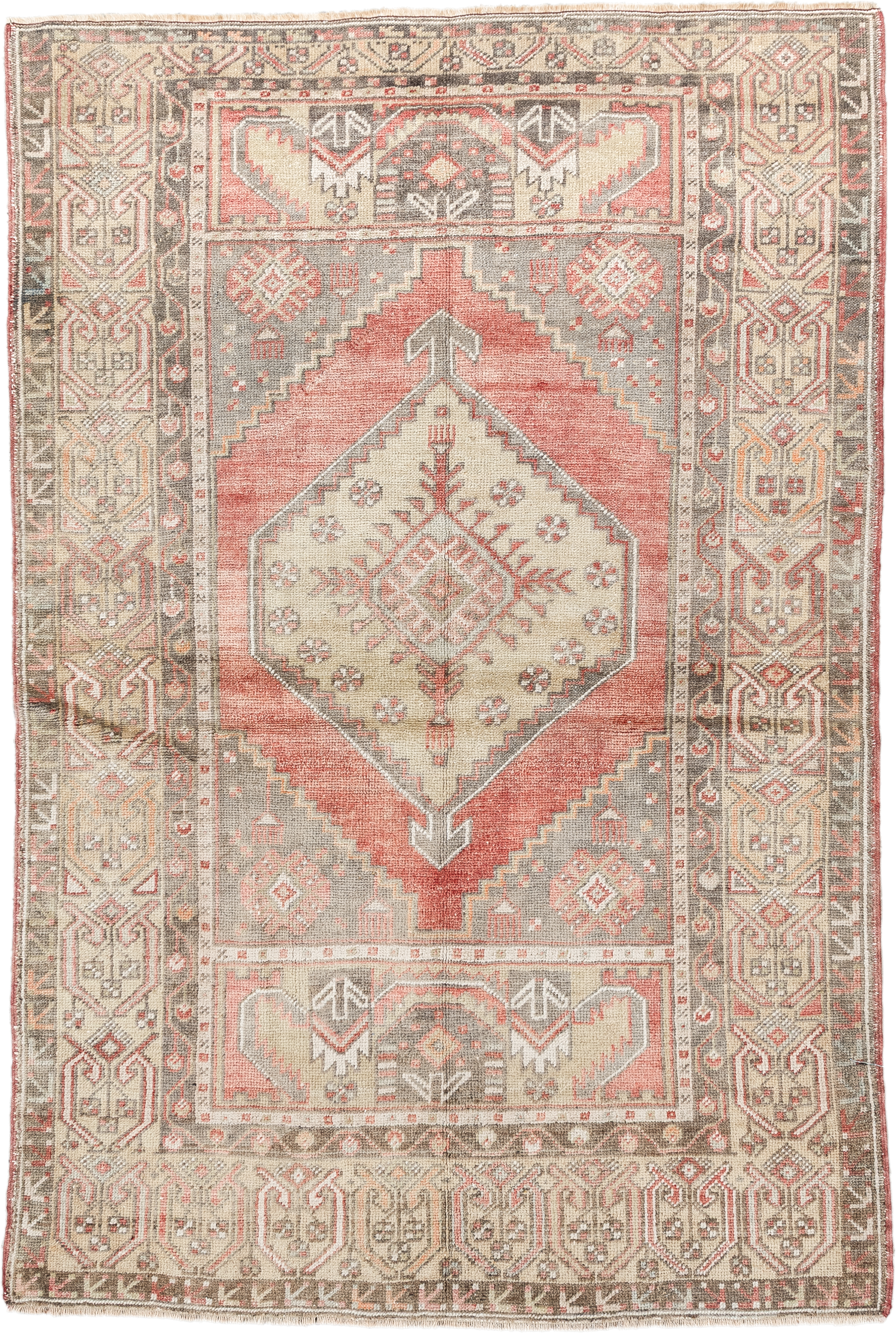 3' x 5' one-of-a-kind handmade vintage Anatolian small size rug. Color palette: taupe, coral, ivory, rose, gray, camel
