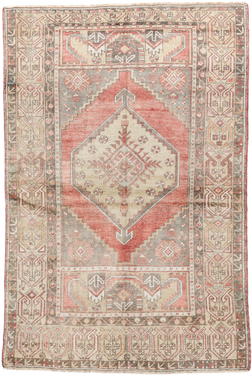 3' x 5' one-of-a-kind handmade vintage Anatolian small size rug. Color palette: taupe, coral, ivory, rose, gray, camel