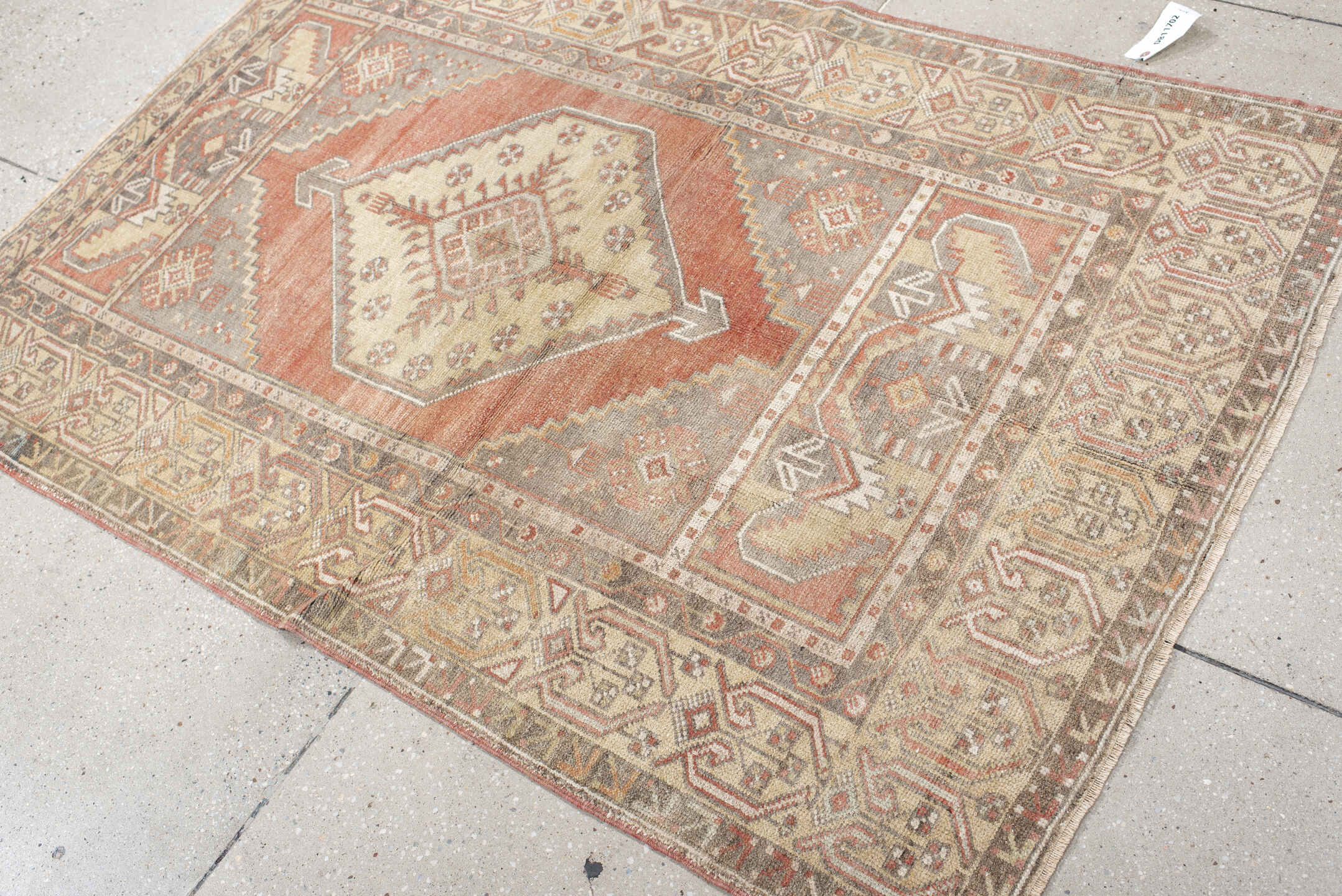 3' x 5' one-of-a-kind handmade vintage Anatolian small size rug. Color palette: taupe, coral, ivory, rose, gray, camel