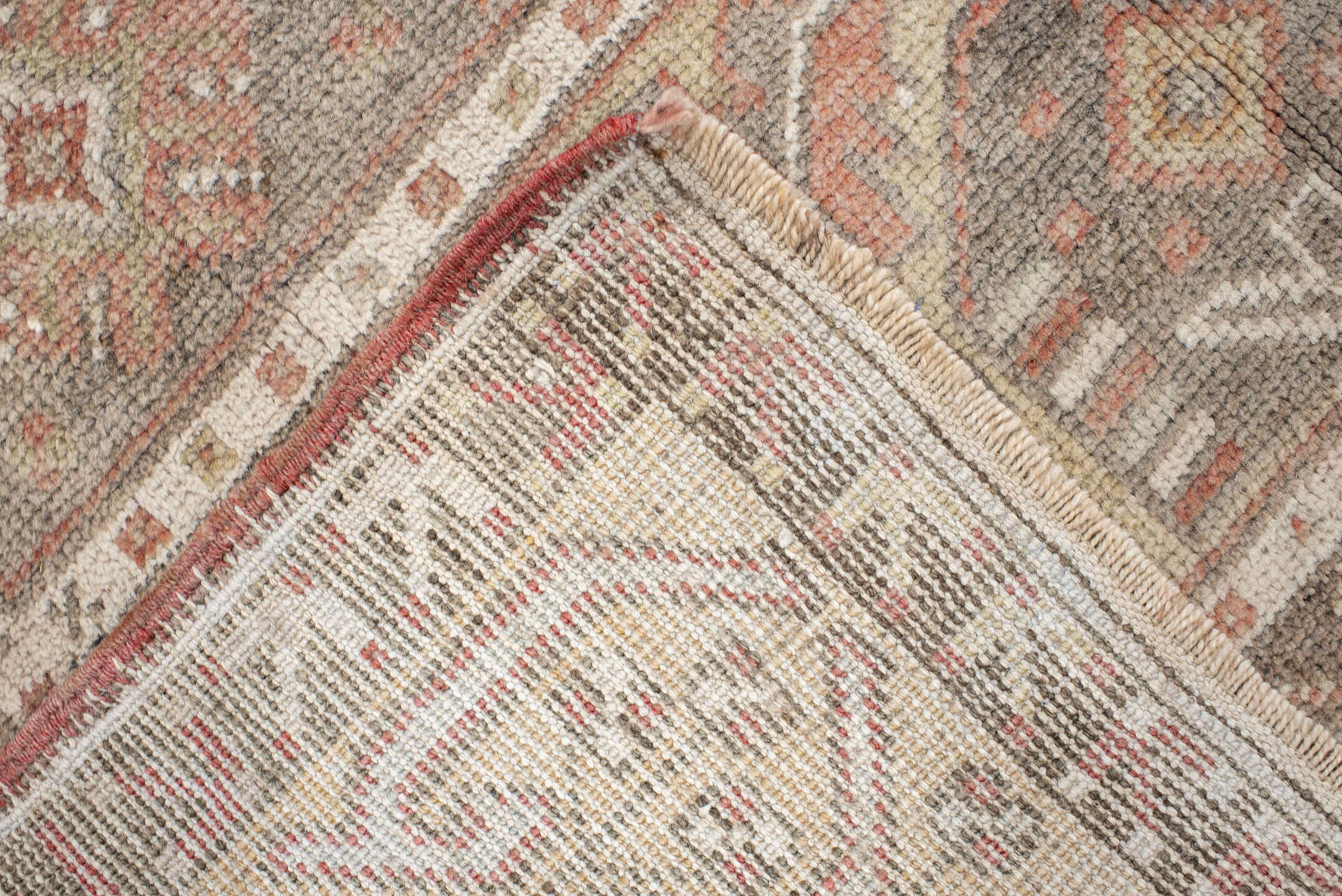 3' x 5' one-of-a-kind handmade vintage Anatolian small size rug. Color palette: taupe, coral, ivory, rose, gray, camel
