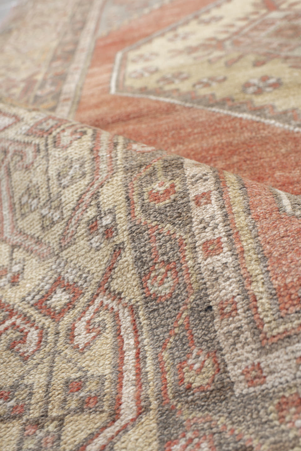 3' x 5' one-of-a-kind handmade vintage Anatolian small size rug. Color palette: taupe, coral, ivory, rose, gray, camel