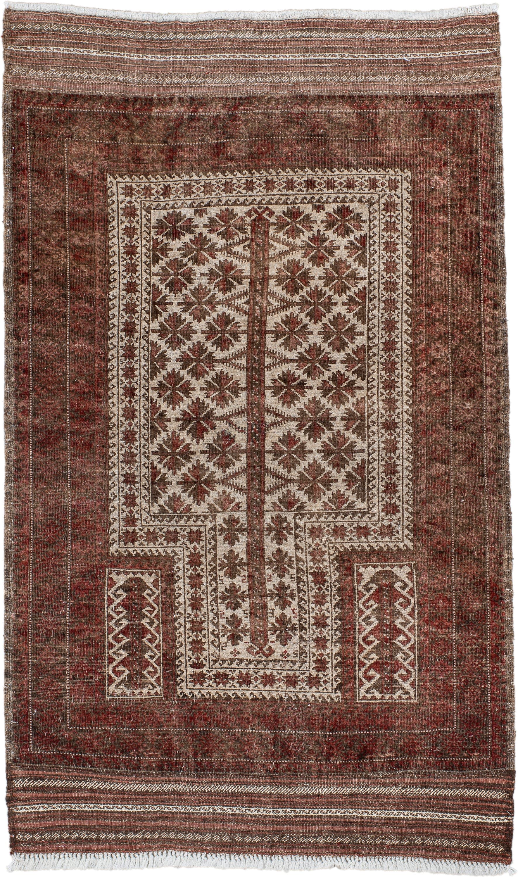 3' x 5' one-of-a-kind handmade antique Belouch small size rug. Color palette: rust, ivory, brown, burgundy, taupe, camel