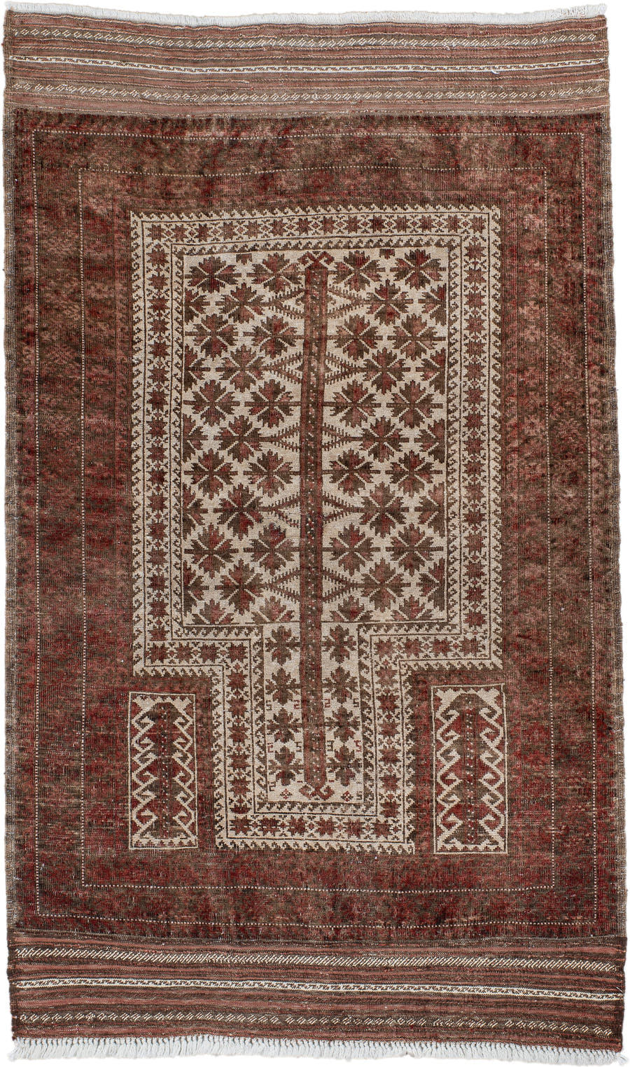 3' x 5' one-of-a-kind handmade antique Belouch small size rug. Color palette: rust, ivory, brown, burgundy, taupe, camel