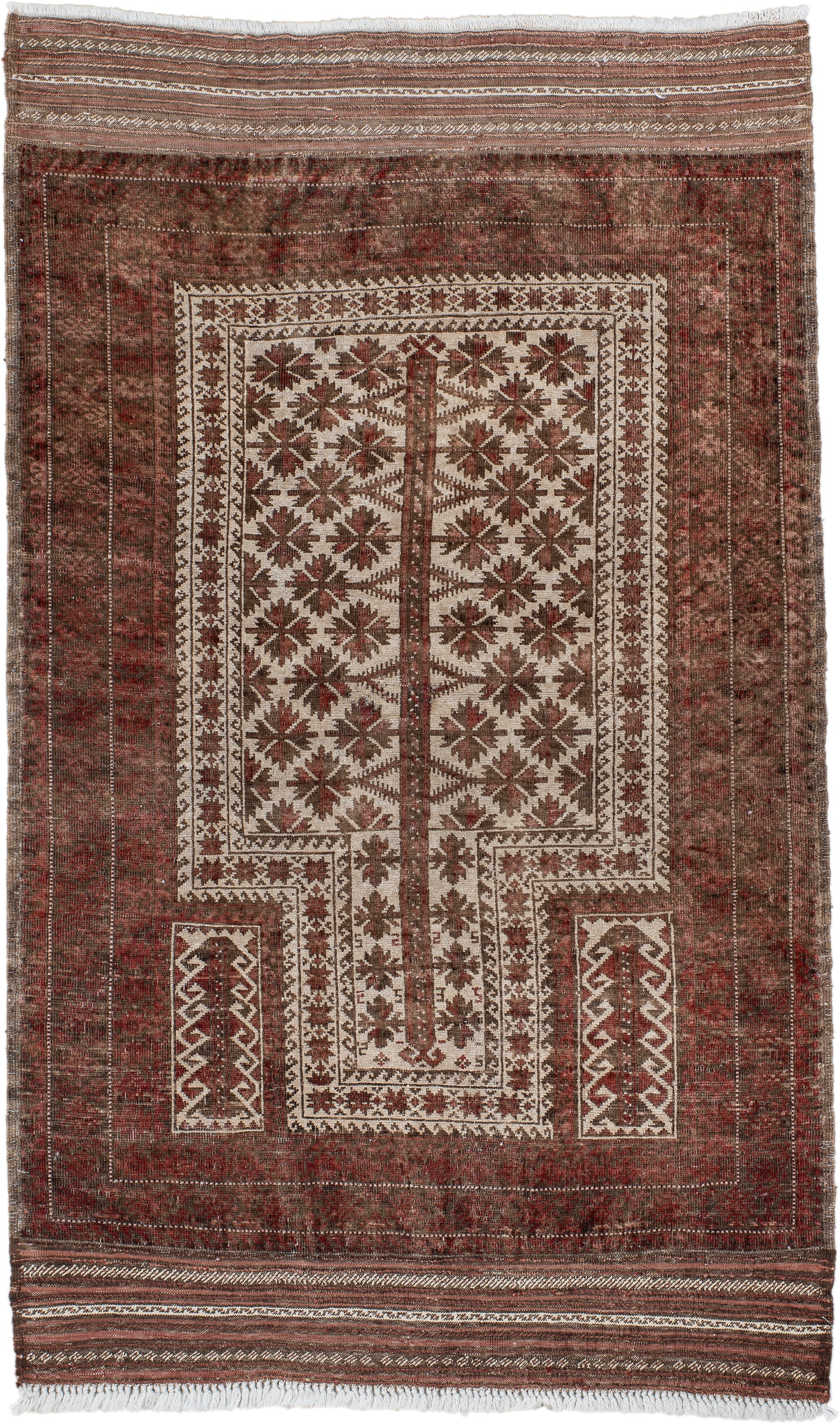 3' x 5' one-of-a-kind handmade antique Belouch small size rug. Color palette: rust, ivory, brown, burgundy, taupe, camel