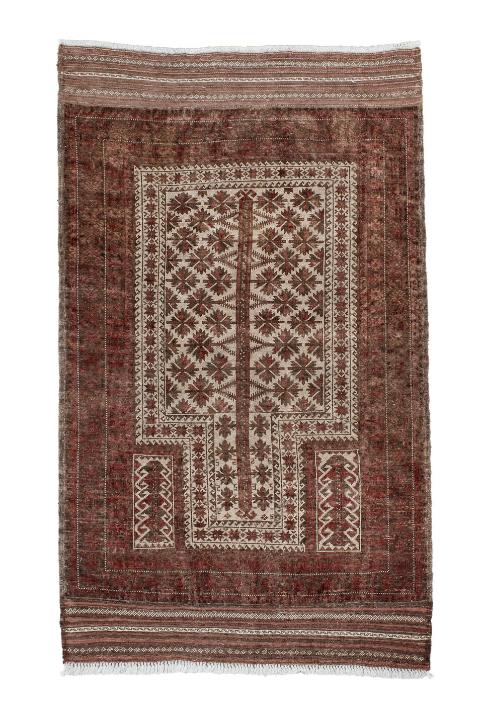 3' x 5' one-of-a-kind handmade vintage Belouch small size rug. Color palette: brown, gainsboro, gray, light gray, off-white