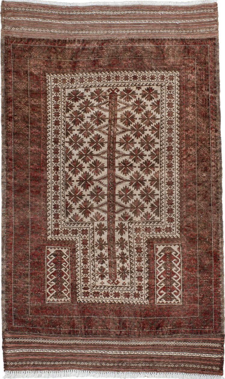 3' x 5' one-of-a-kind handmade vintage Belouch small size rug. Color palette: brown, gainsboro, gray, light gray, off-white