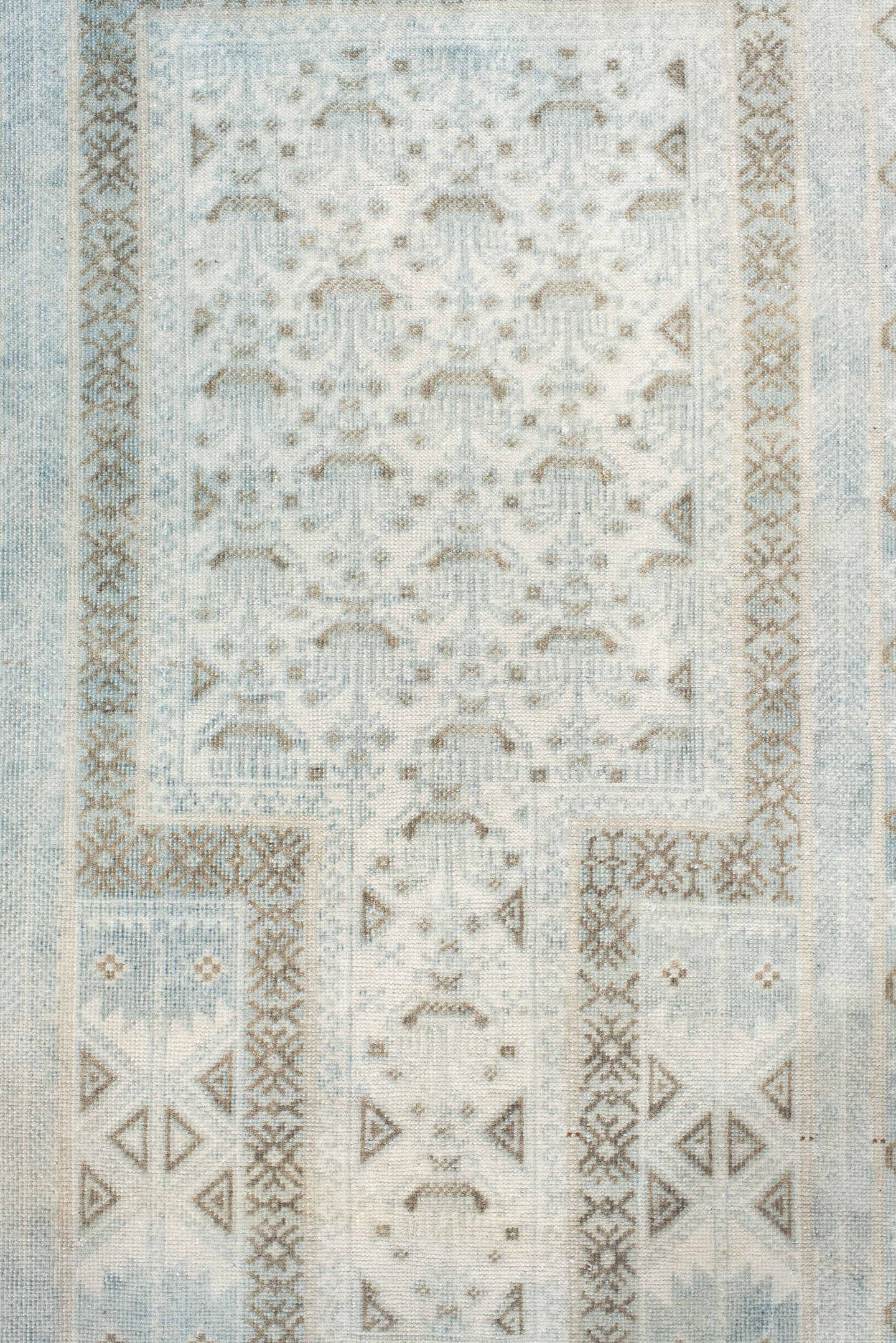 2' x 4' one-of-a-kind handmade vintage Belouch small size rug. Color palette: pale blue, ivory, taupe, light gray