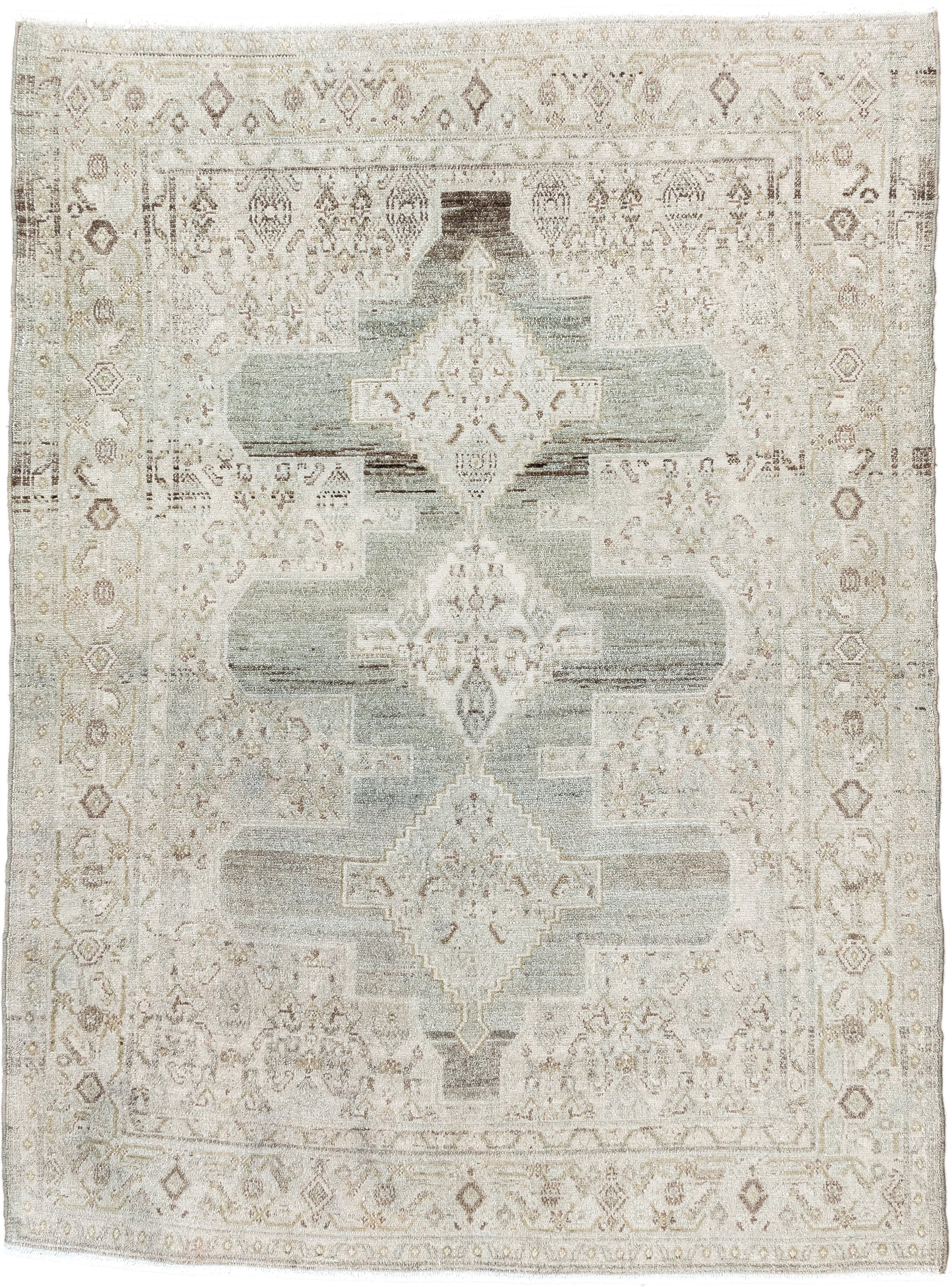 3' x 5' one-of-a-kind handmade vintage Senne small size rug. Color palette: ivory, pale aqua, taupe, sand, beige