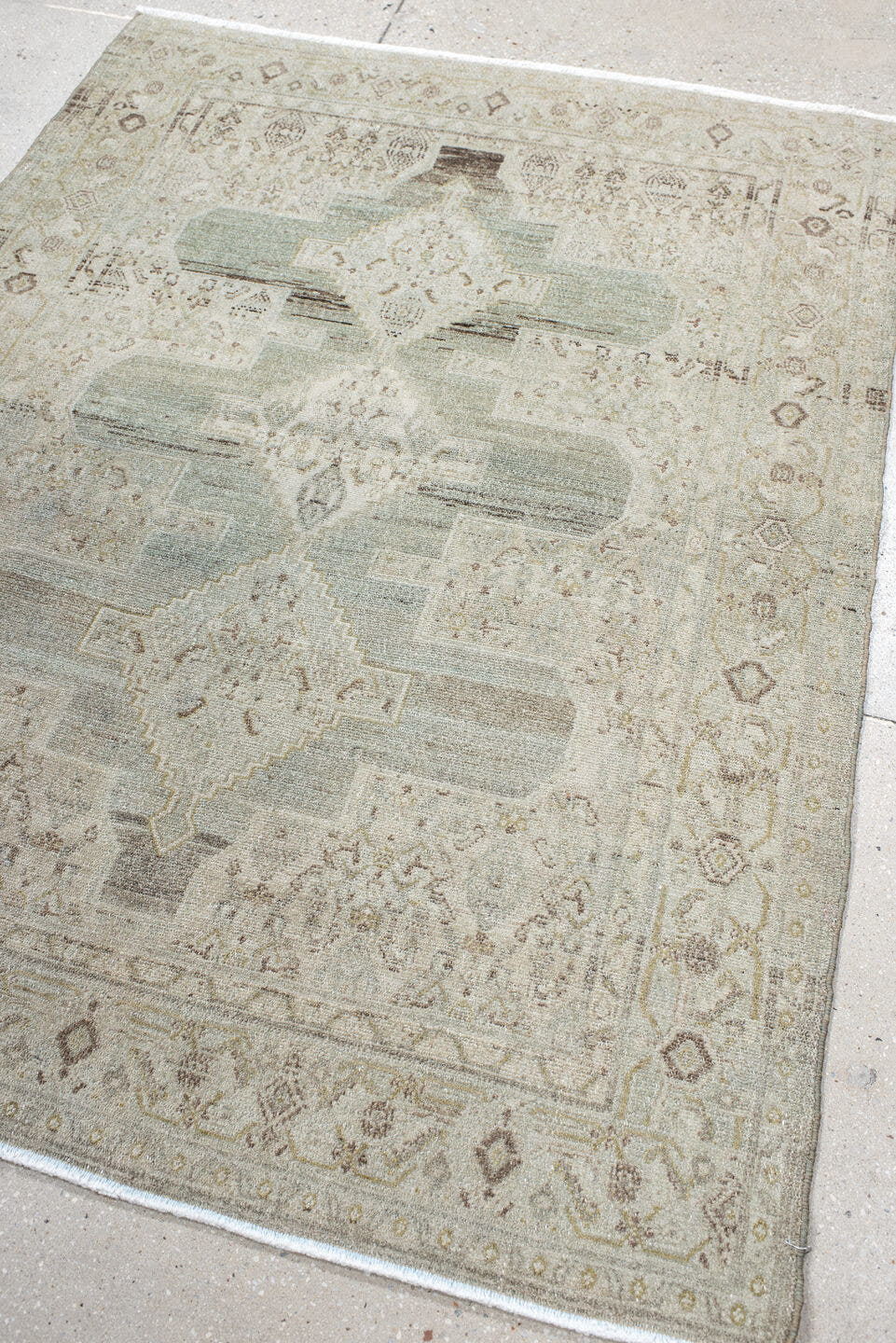 3' x 5' one-of-a-kind handmade vintage Senne small size rug. Color palette: ivory, pale aqua, taupe, sand, beige