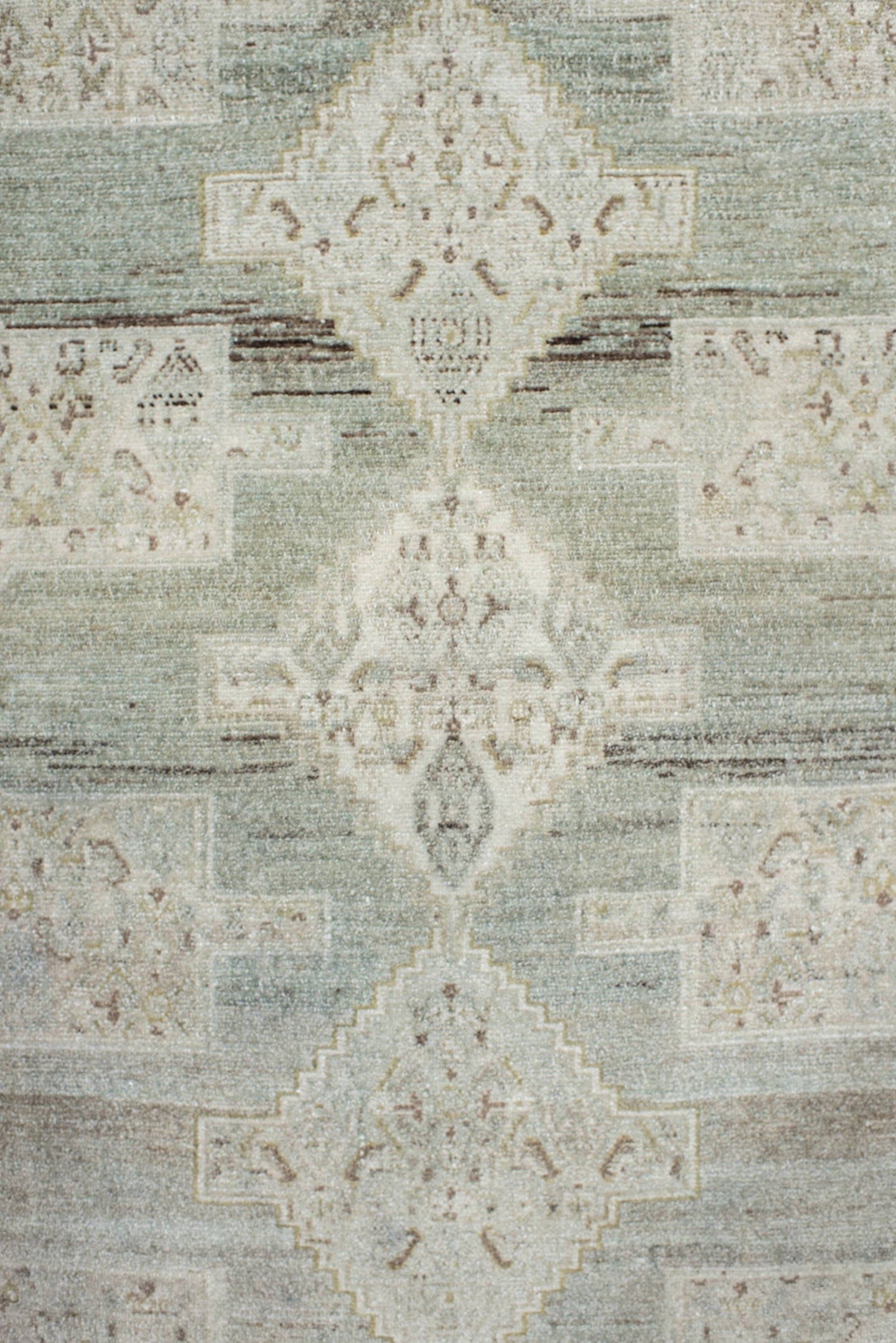 3' x 5' one-of-a-kind handmade vintage Senne small size rug. Color palette: ivory, pale aqua, taupe, sand, beige
