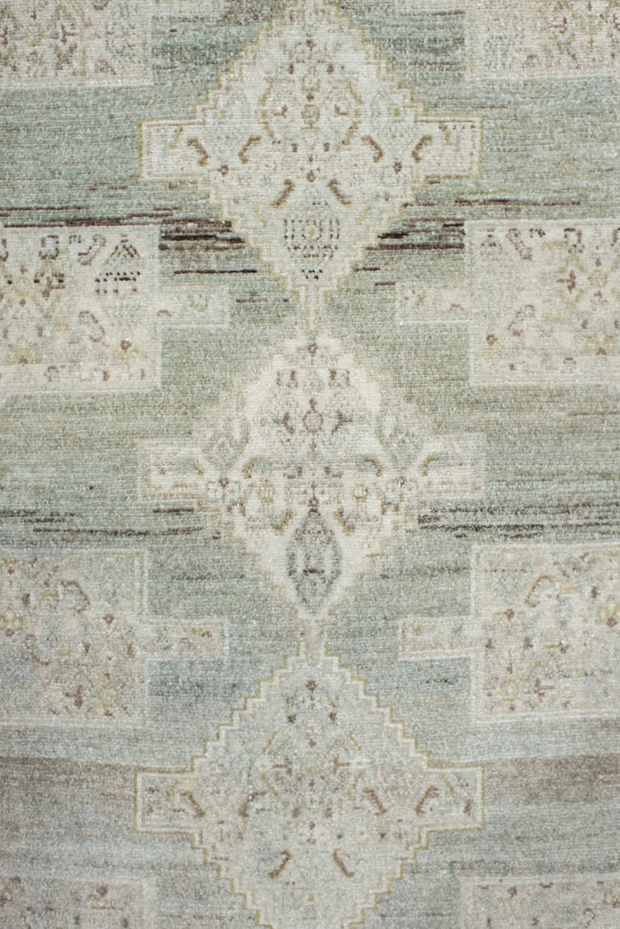3' x 5' one-of-a-kind handmade vintage Senne small size rug. Color palette: ivory, pale aqua, taupe, sand, beige