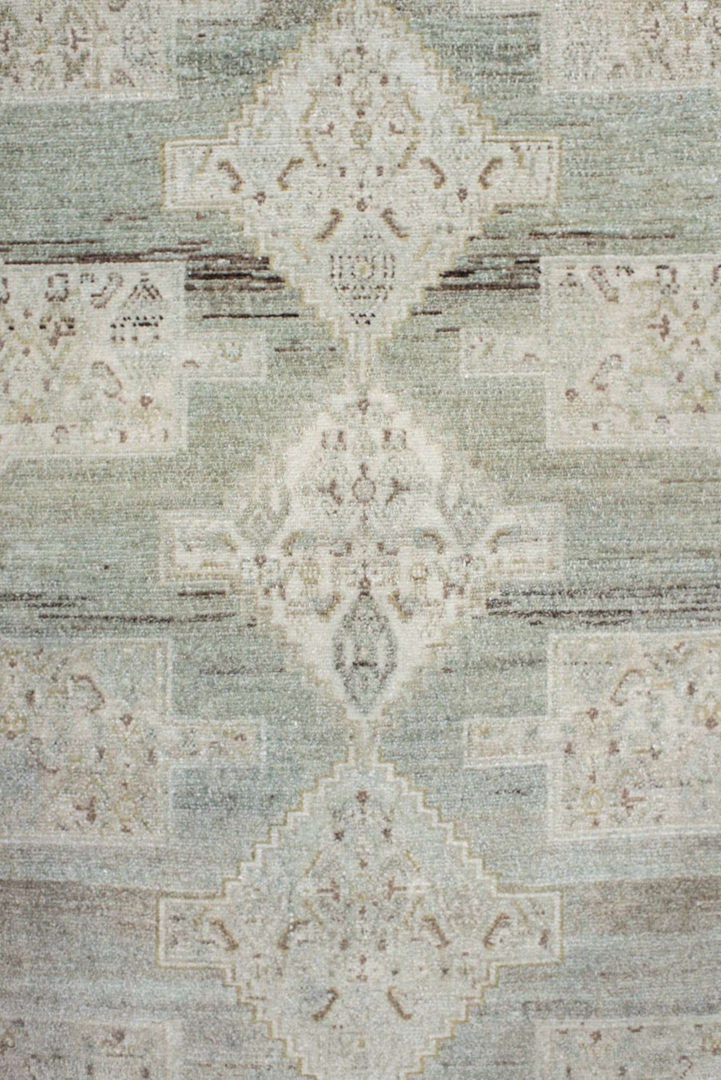 3' x 5' one-of-a-kind handmade vintage Senne small size rug. Color palette: ivory, pale aqua, taupe, sand, beige