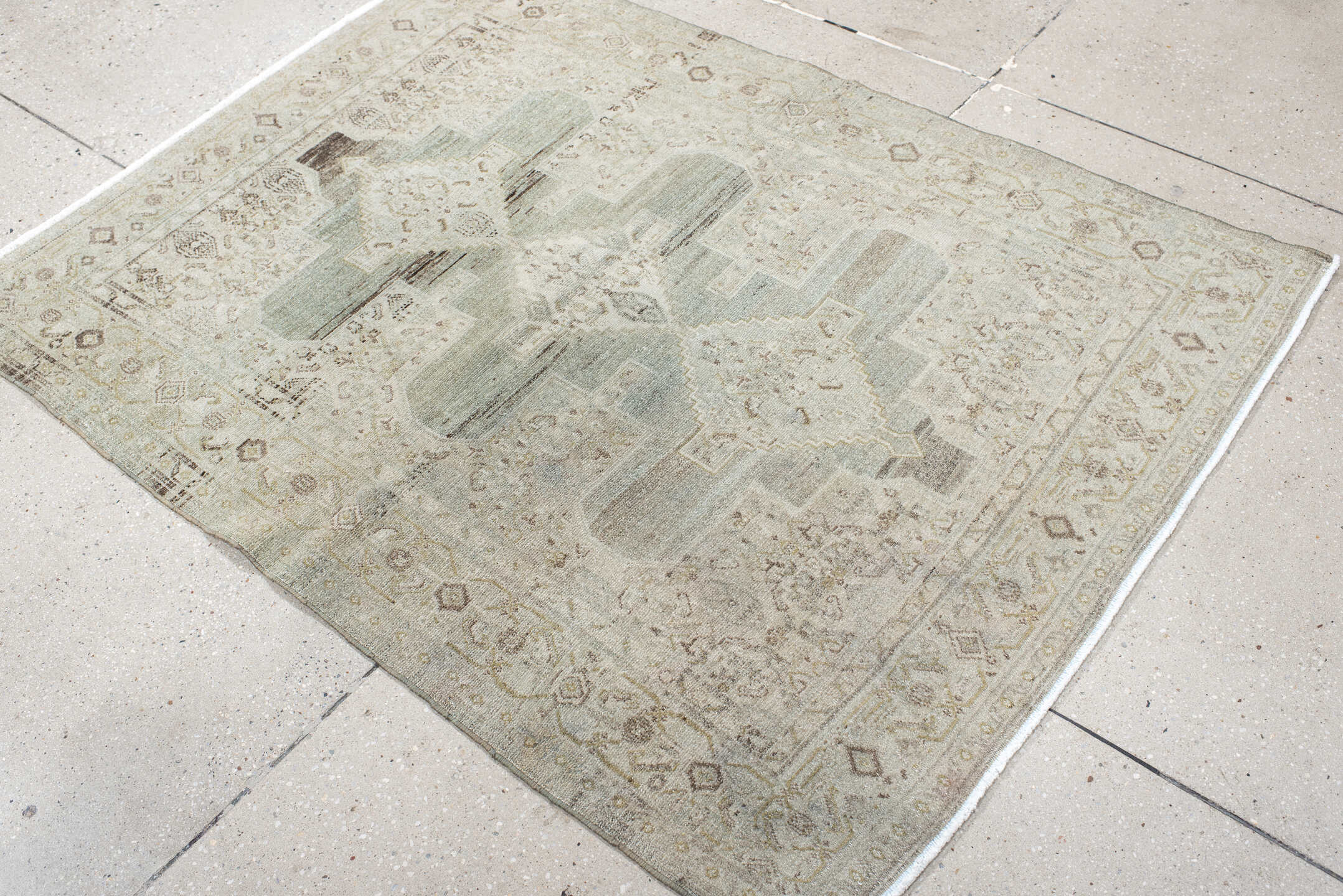3' x 5' one-of-a-kind handmade vintage Senne small size rug. Color palette: ivory, pale aqua, taupe, sand, beige