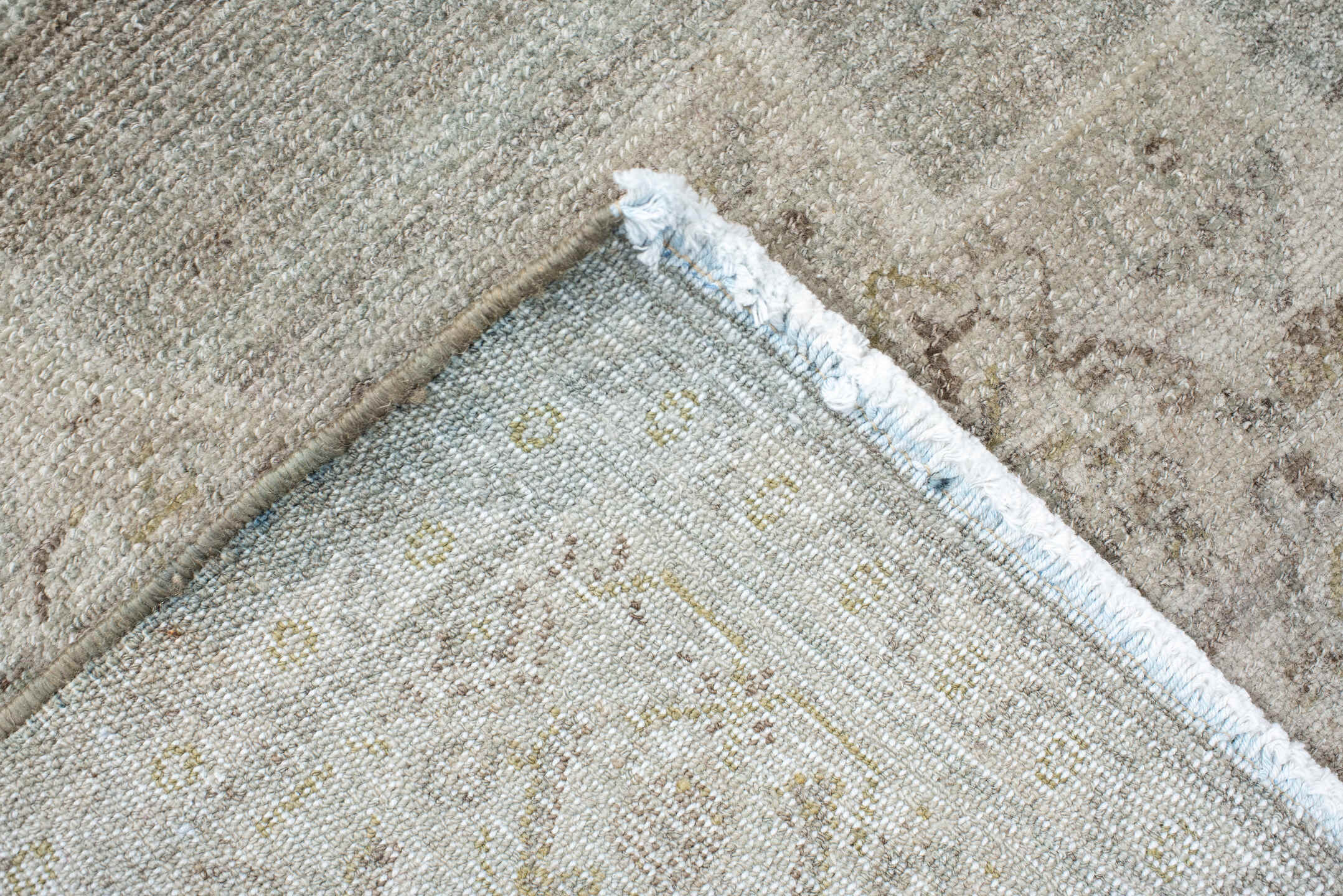 3' x 5' one-of-a-kind handmade vintage Senne small size rug. Color palette: ivory, pale aqua, taupe, sand, beige