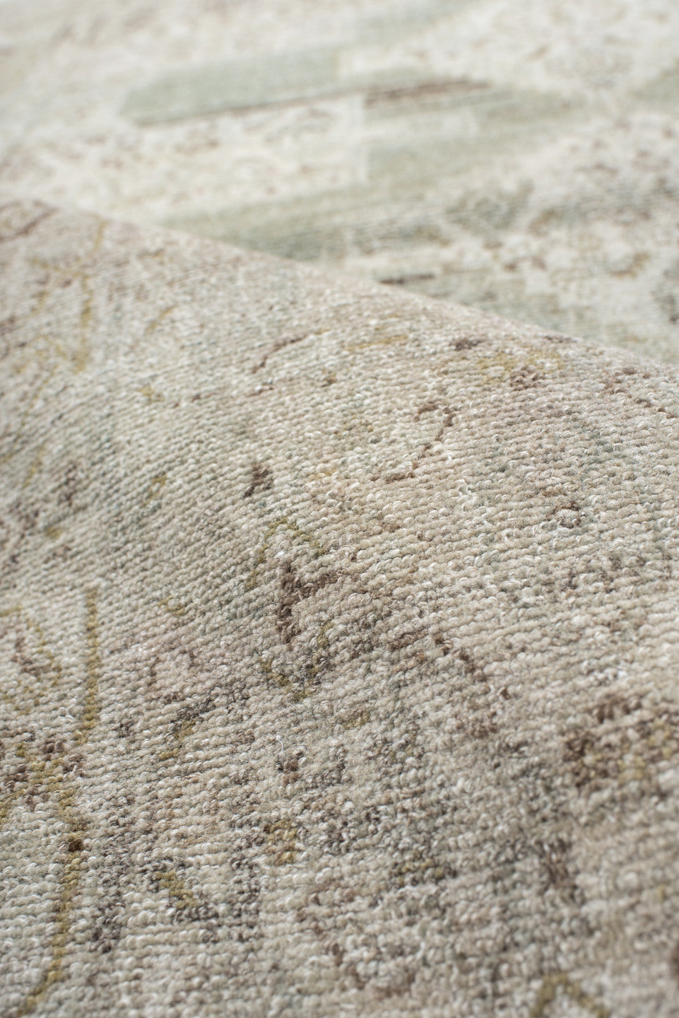 3' x 5' one-of-a-kind handmade vintage Senne small size rug. Color palette: ivory, pale aqua, taupe, sand, beige