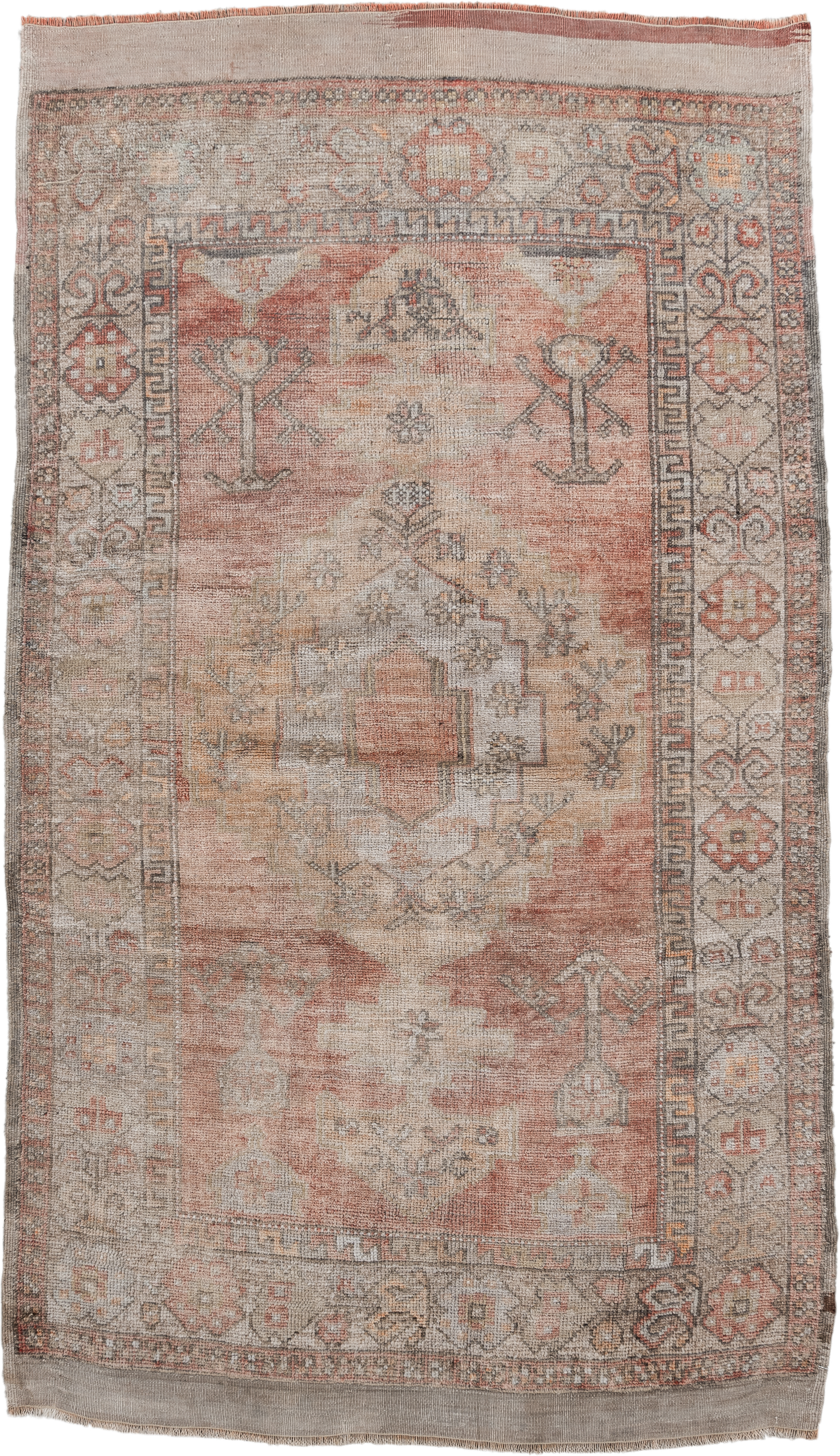 3' x 6' one-of-a-kind handmade antique Anatolian small size rug. Color palette: terra cotta, ivory, taupe, gray, rust