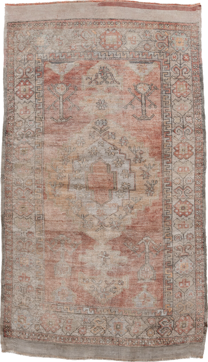 3' x 6' one-of-a-kind handmade vintage Anatolian small size rug. Color palette: brown, gray, light gray, off-white, pink