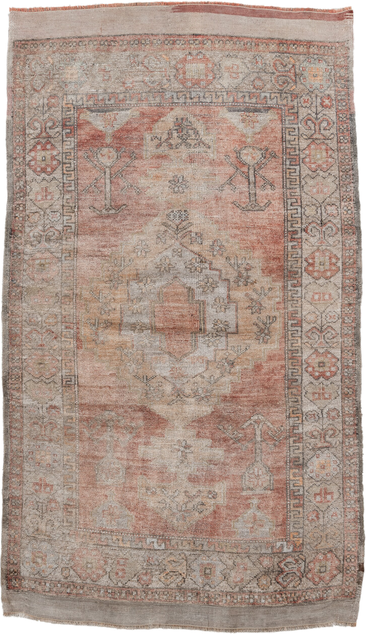 3' x 6' one-of-a-kind handmade antique Anatolian small size rug. Color palette: terra cotta, ivory, taupe, gray, rust