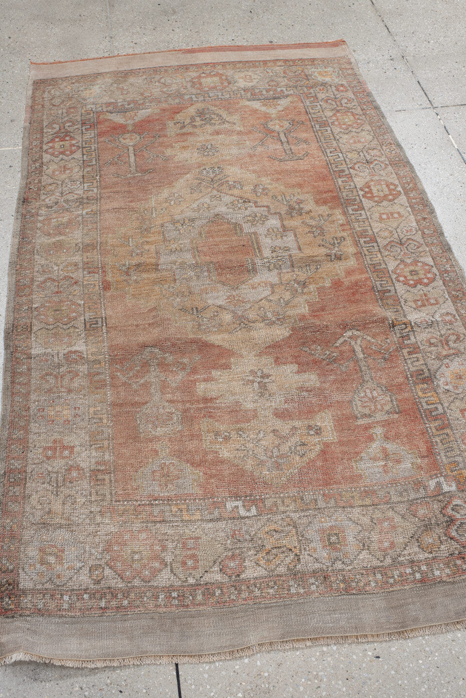 3' x 6' one-of-a-kind handmade antique Anatolian small size rug. Color palette: terra cotta, ivory, taupe, gray, rust