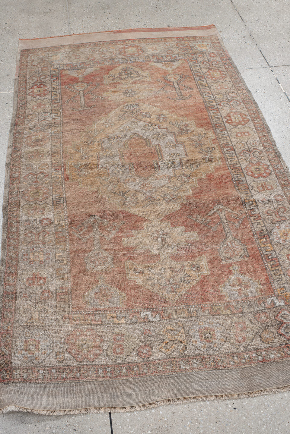 3' x 6' one-of-a-kind handmade vintage Anatol small size rug. Color palette: brown, gray, light gray, off-white, pink