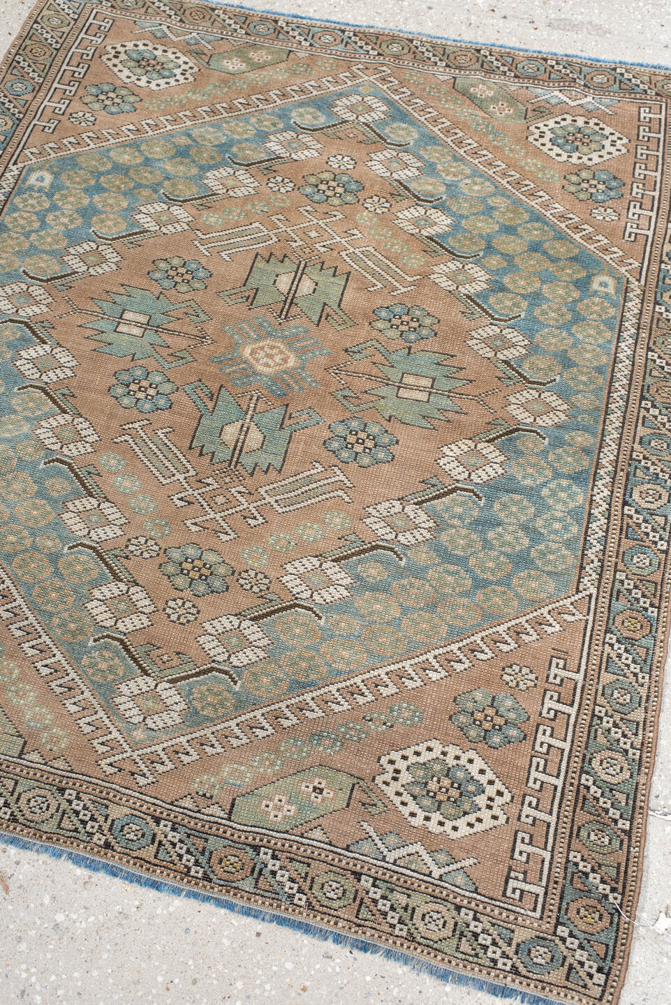 3' x 3' one-of-a-kind handmade vintage Anatol small size rug. Color palette: antiquewhite, black, blue, brown, gray