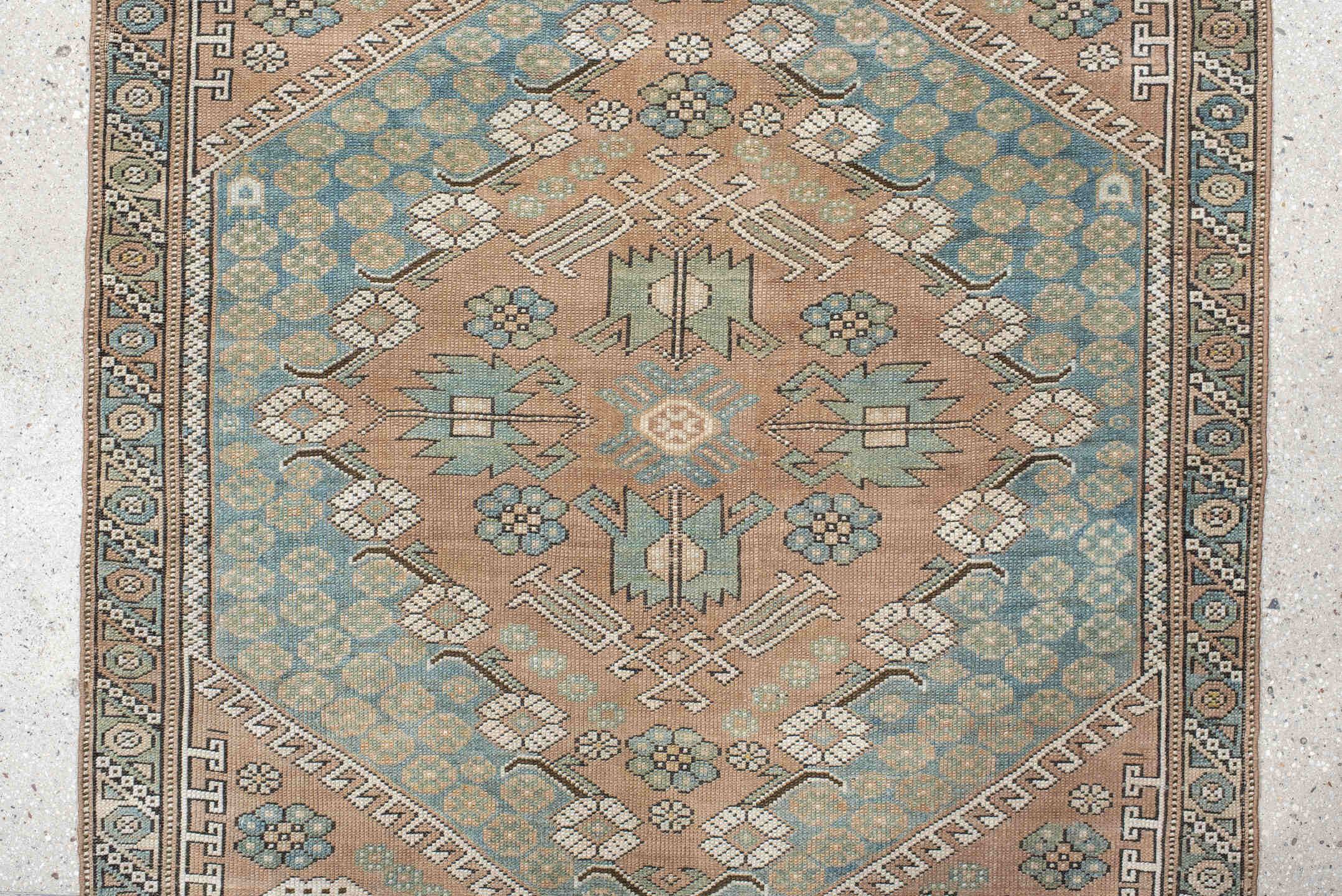 3' x 3' one-of-a-kind handmade vintage Anatol small size rug. Color palette: antiquewhite, black, blue, brown, gray