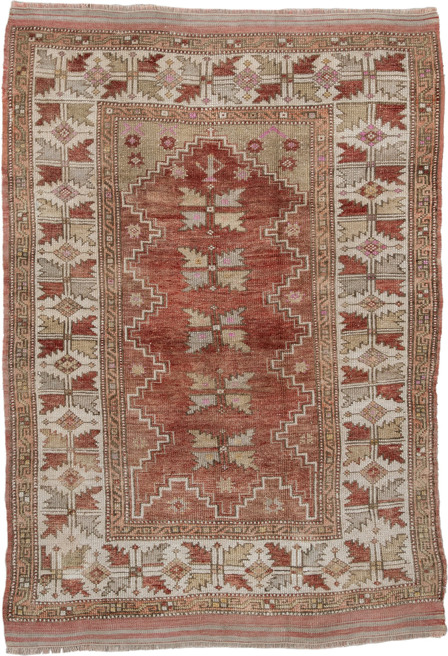 3' x 5' one-of-a-kind handmade antique Anatolian small size rug. Color palette: terra cotta, ivory, taupe, rust, rose, sage